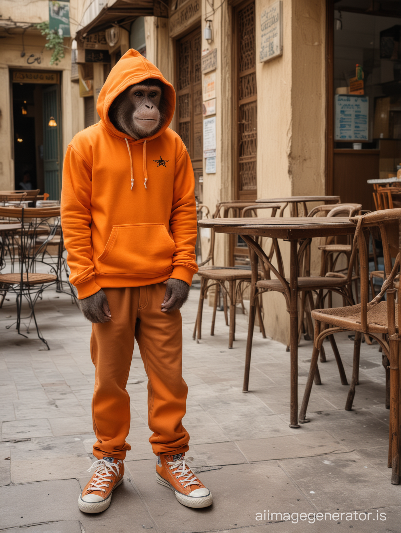 a monkey wear orange hoodi and brown pants with all star shoes standing in front of cafe in karim khan street.