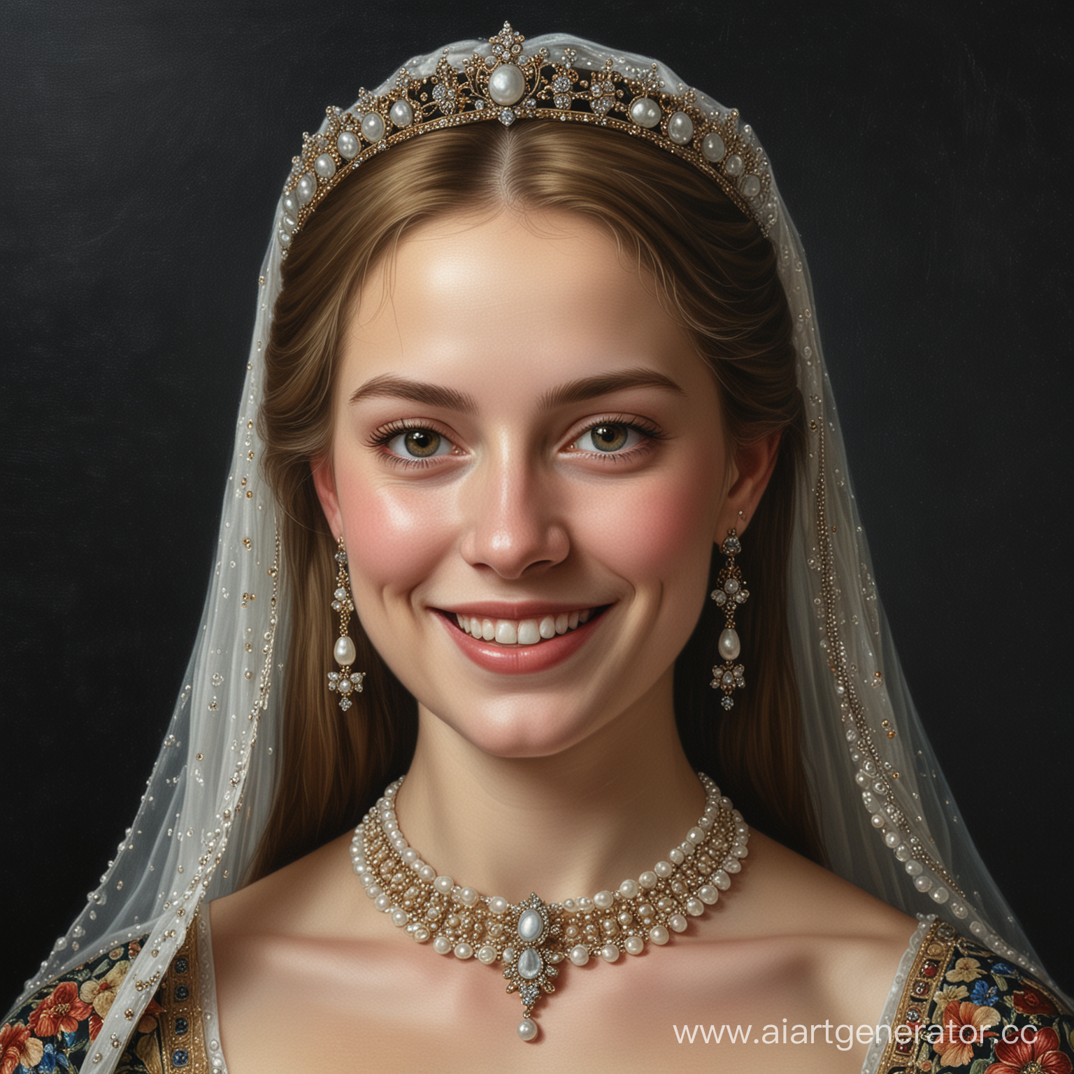 Detailed oil painting on a dark background: The Royal daughter, a smiling 15th century woman in pearl jewelry, stands with flowers.
