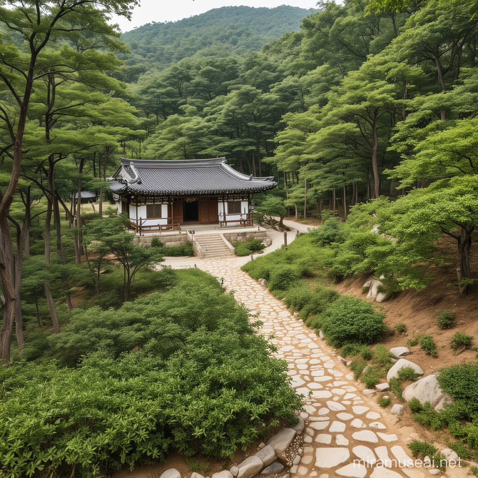 Serene Forest Landscape with Three Traditional Korean Hanok Buildings