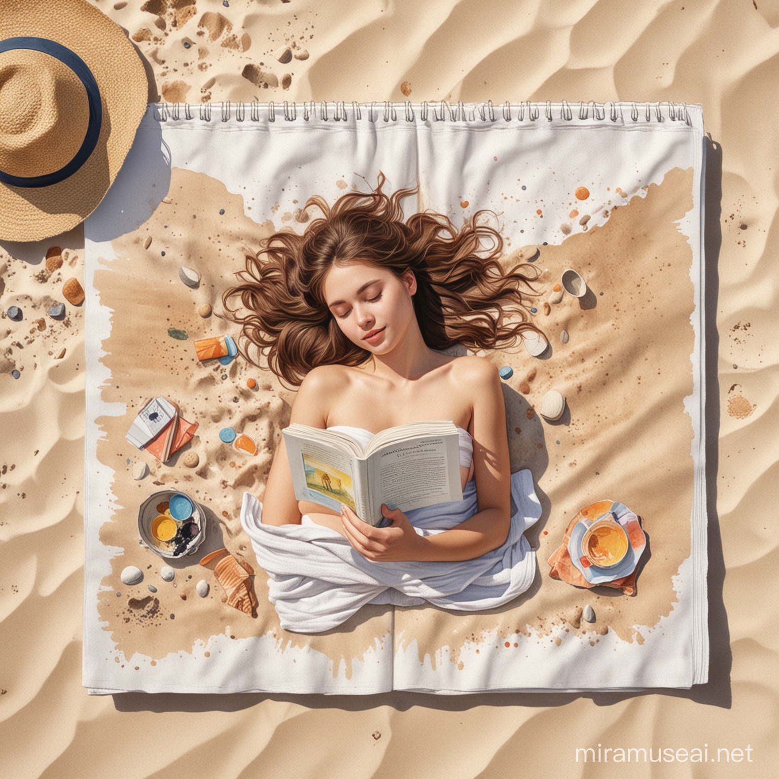 Girl sleeping on beach soil on towel in center holding book in both hands, reading book, watercolor paint format, sunny beach setting, detailed facial features, high quality, watercolor painting style, detailed book cover, book in center
