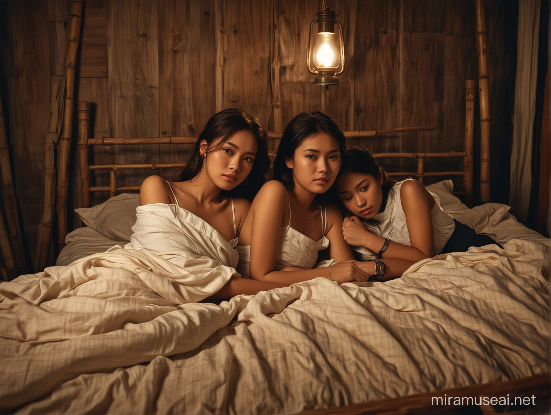 Two young Filipino female bestfriends having a sleepover, they are sleeping with clothes facing away each other on the bamboo bed, one of them is wearing a wristwatch, the room has old wooden walls and floor and dimly lit from an antique oil lamp, the setting is 1950s 
province in the Philippines, dark, cinematic, foreboding