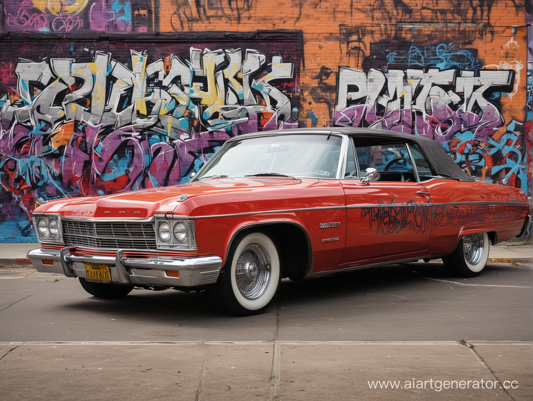 Lowrider in front of graffiti background 