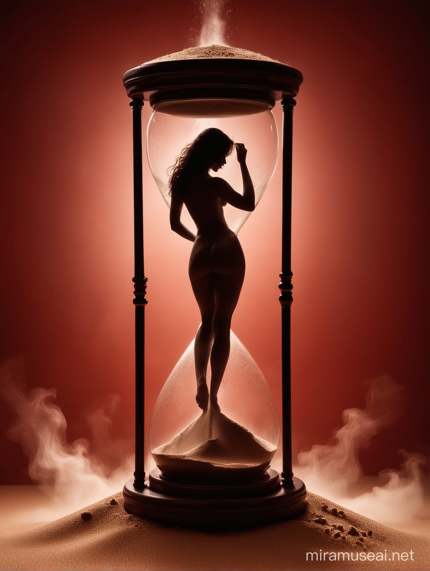 Hourglass.
Sand falls as white steam in shape of black silhouette of nude woman inside hourglass.
Picture is on dark red backround.