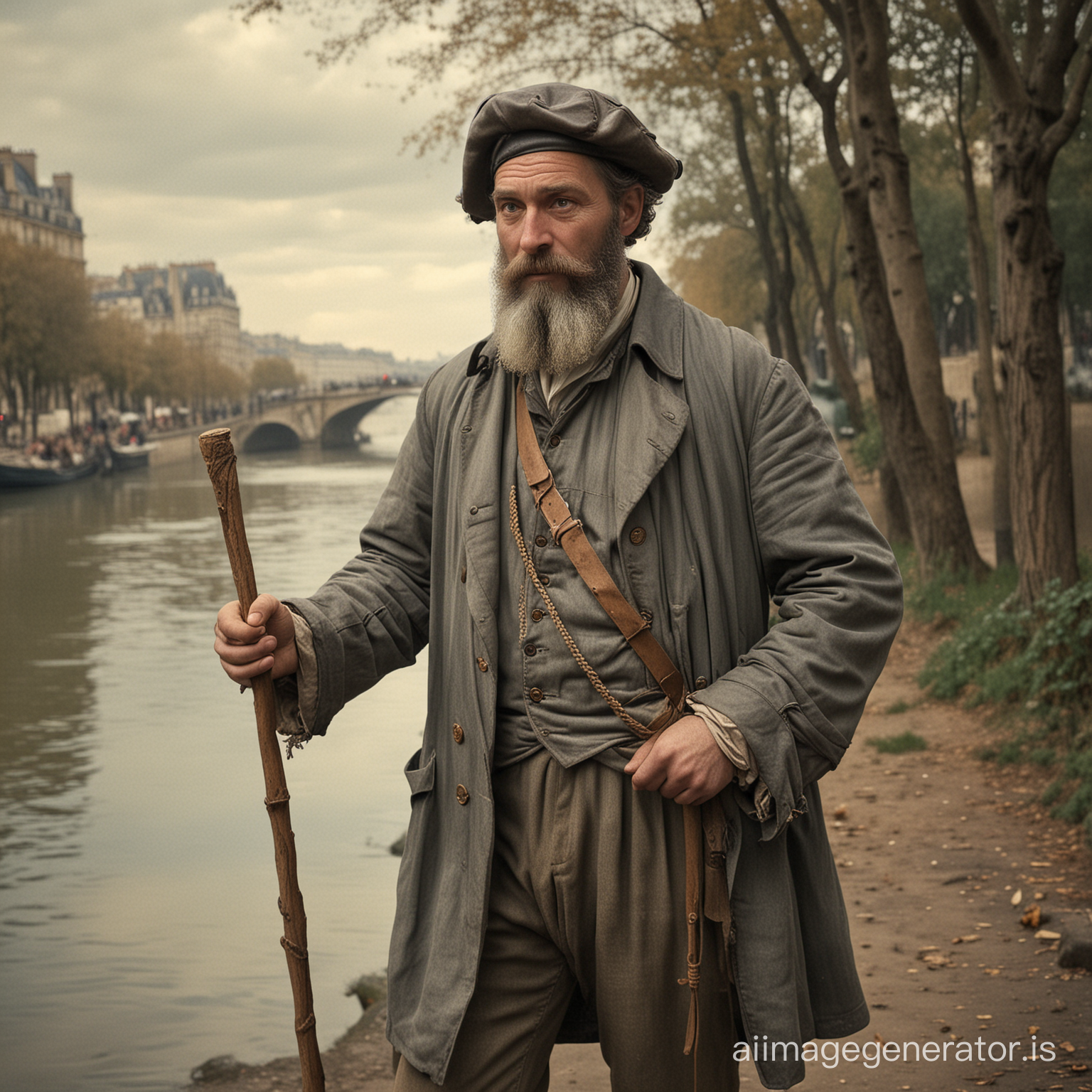 homme du 18e siècle à Paris, à côté de la Seine. Cet homme est barbu, moyenne taille, trapu et robuste, dans la force de l'âge. Il  a une casquette à visière de cuir et il a à la main un énorme bâton noueux. Il a une vieille blouse grise en haillons. Il faut une image surréaliste.  