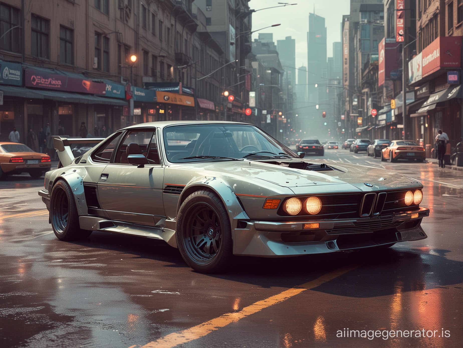 cyberpunk,cyberpunk like khyzyl saleem enhanced sports car inspired by the old BMW 3.0 CSL. Sci-fi, busy city, realistic photograph