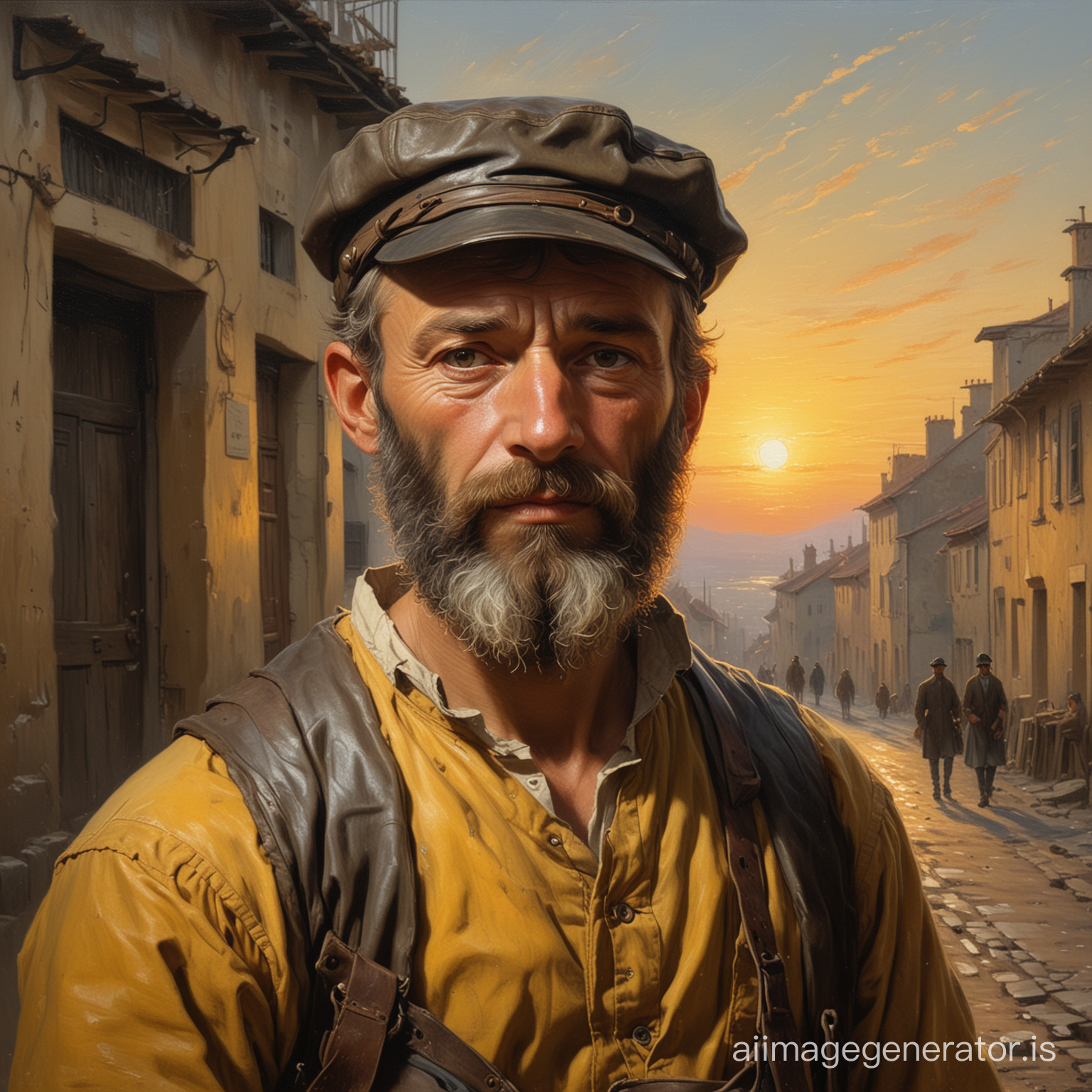 Portrait impressioniste de Jean Valjean. 19ème siècle, ambiance coucher de soleil, dans la ville de Digne. Il est de moyenne taille, trapu et robuste, dans la force de l'âge. Il a une casquette à visière de cuir, une chemise de grosse toile jaune, une vieille blouse grise en haillons, un sac de soldat, à la main un énorme bâton noueux, la tête tondue et la barbe longue.