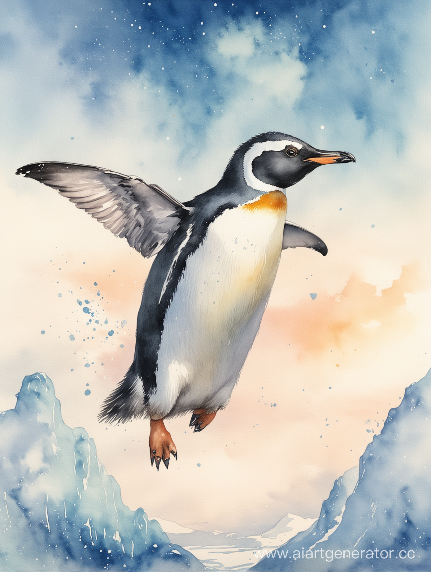 пингвин летит в небе, акварельный рисунок