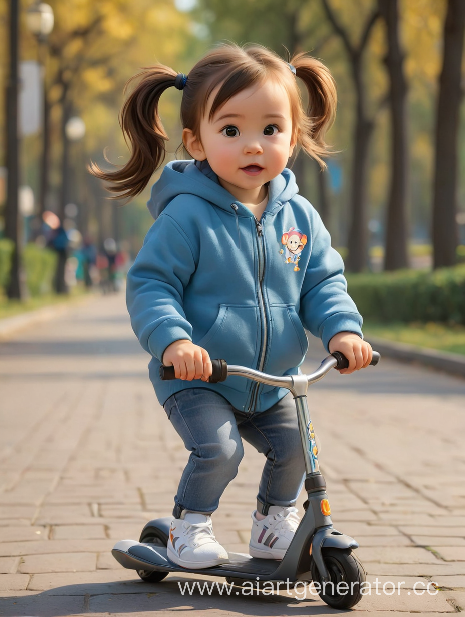 
girl 1 year old brown hair, 2 ponytails, Blue hoodie, jeans, sneakers, rides forward on a scooter, the background is a bright park