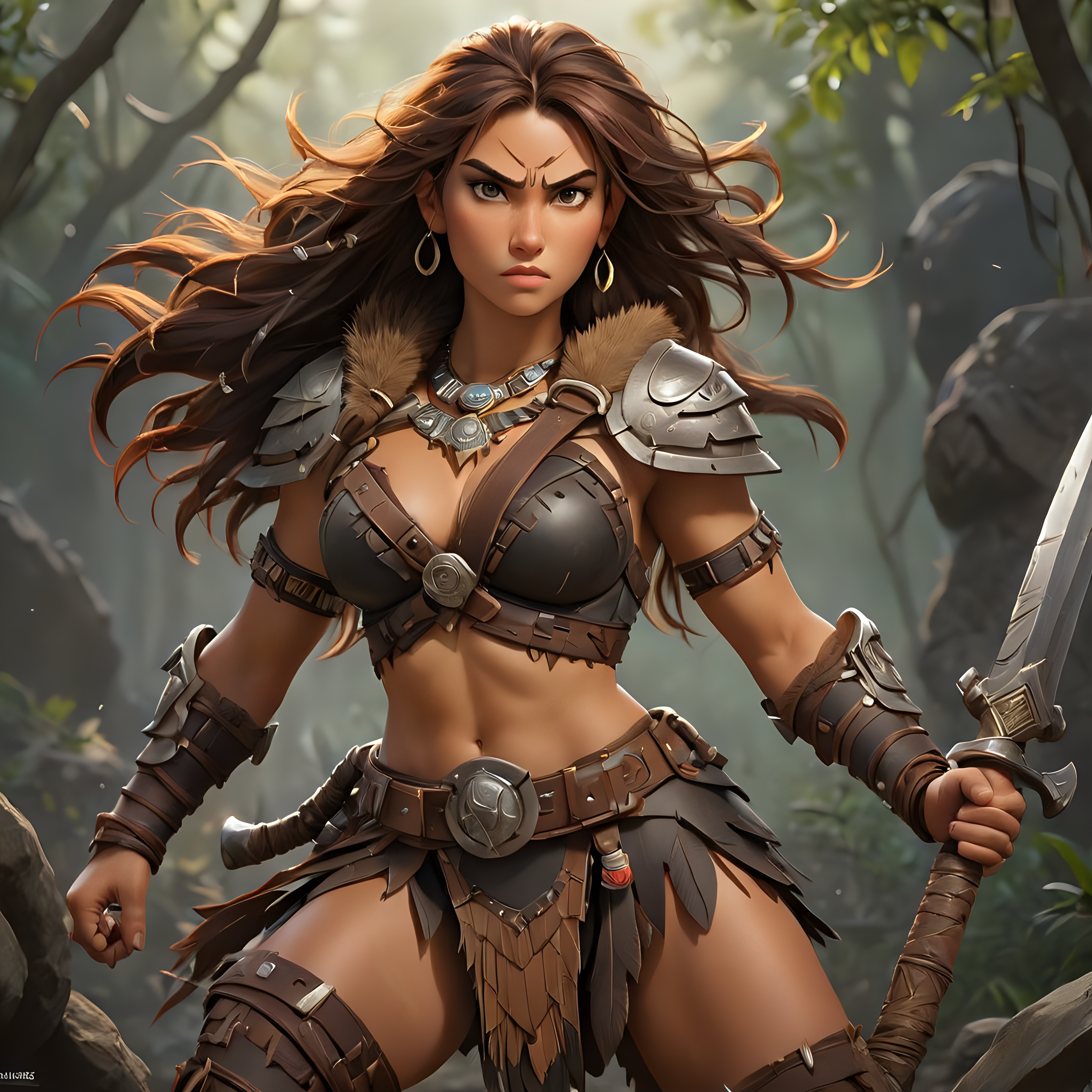 Fearless Barbarian Woman Warrior in Reinforced Leather Armor