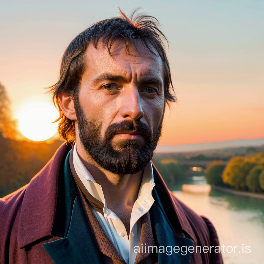 un homme du 19ème siècle ressemblant à Jean Valjean au coucher du soleil