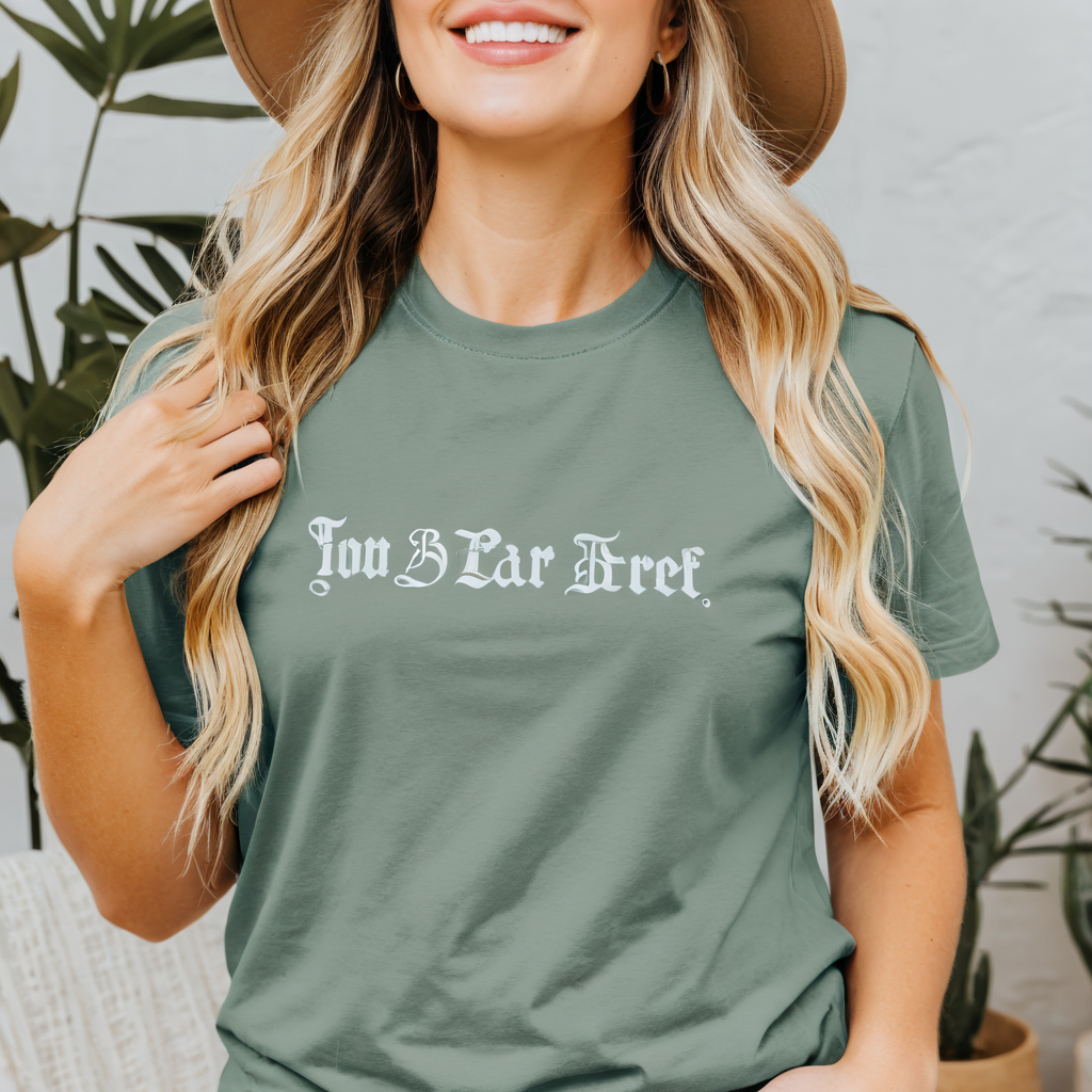 blonde wavy hair woman wearing comfort colors bay t-shirt mockup, wearing hat, simple boho background, good visible stiches