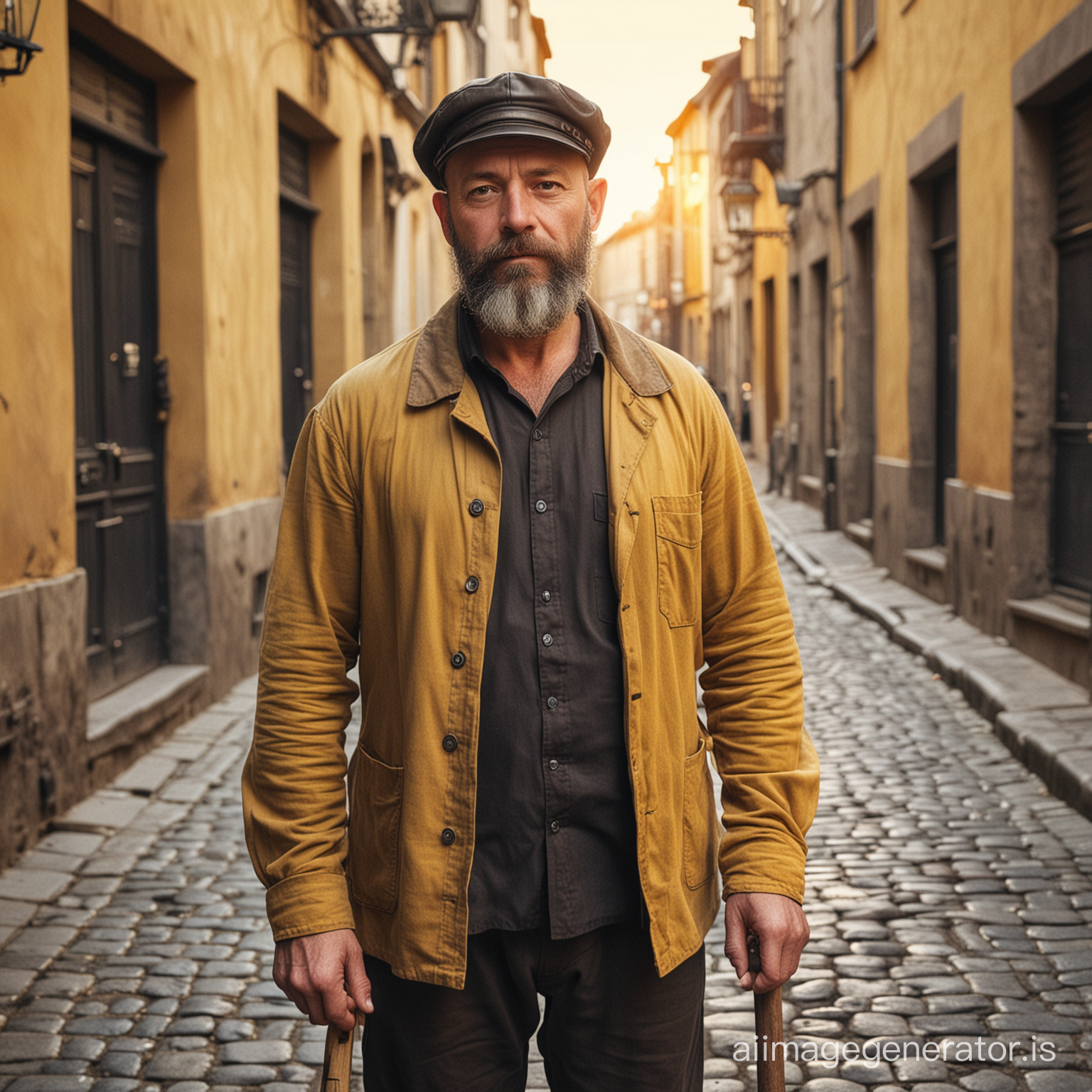 Portrait d'un homme de 50 ans chauve mais barbu au 19e siècle. Il se tient debout dans une rue pavée au coucher du soleil. Il est de taille moyenne, trapu. Il porte une casquette noire en cuir à visière, une chemise jaune en toile épaisse, ouverte au col. Il a un bâton à la main.