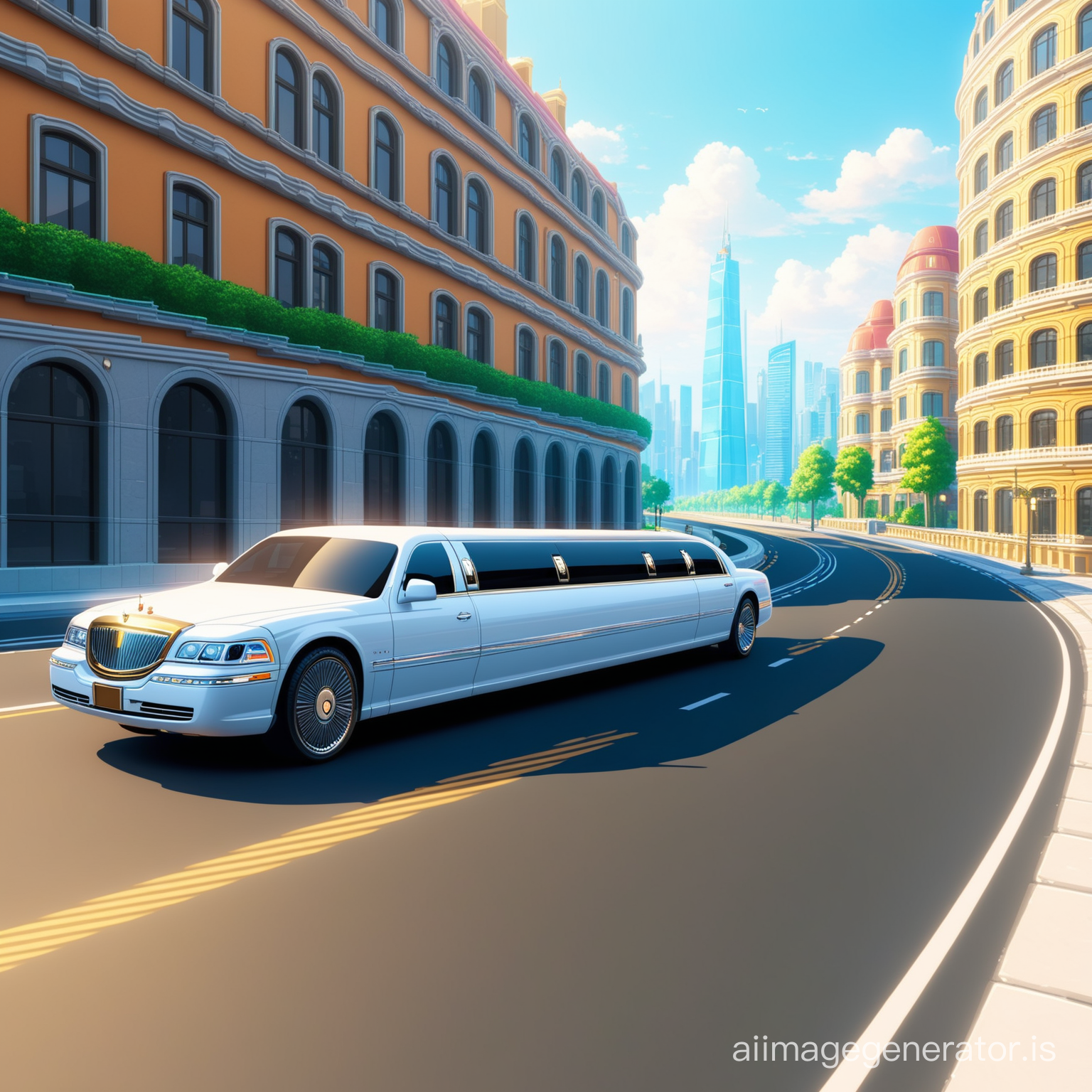 a luxury limousine drives along the road, a rich city is visible in the distance, casual style, interface, soft render, playrix style, bright colors, tasty render