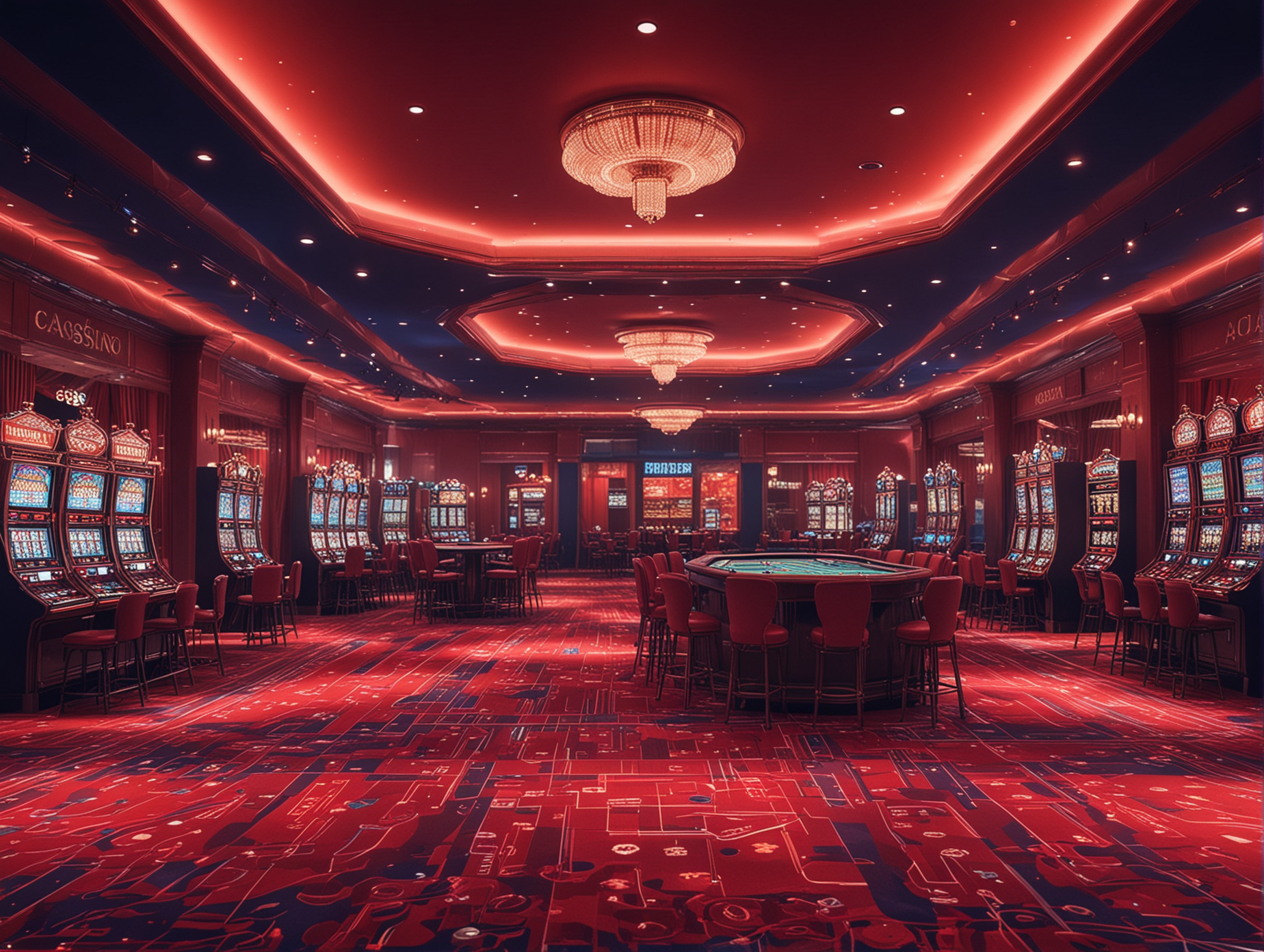 赌场室内设计，暗蓝色亮红色氛围感的背景，有特效，亮绿色的色调，逼真，4k高清，亮红色