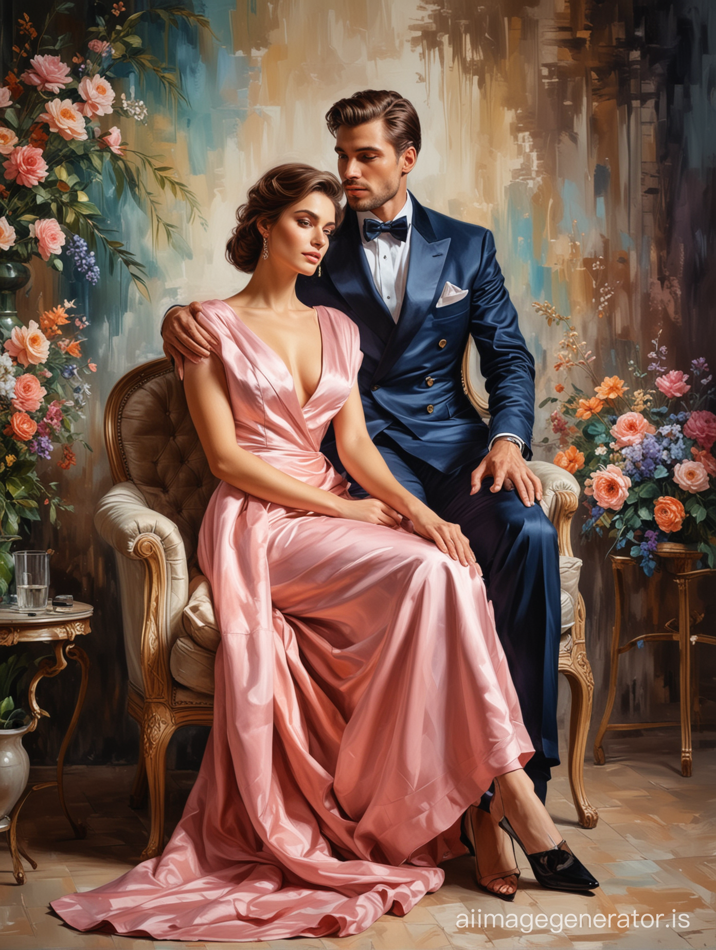 luxury, colors, modern style, garden, a man in a jacket sits in an armchair, next to stands a woman in an evening dress, putting her hand on the man's shoulder, the painting is made in the artistic style of oil paints