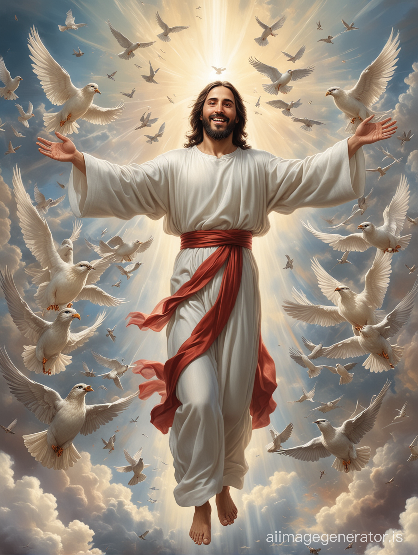 realistic picture of jesus divine mercy facing forward, smile, full body, spread his arms in clouds with birds,angels with music instruments.
