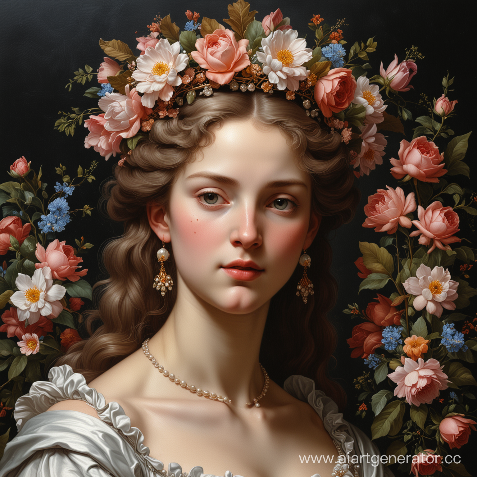 Detailed Michelangelo oil painting on a dark background: a beautiful royal daughter surrounded by flowers, with a pearl crown on her head and neck