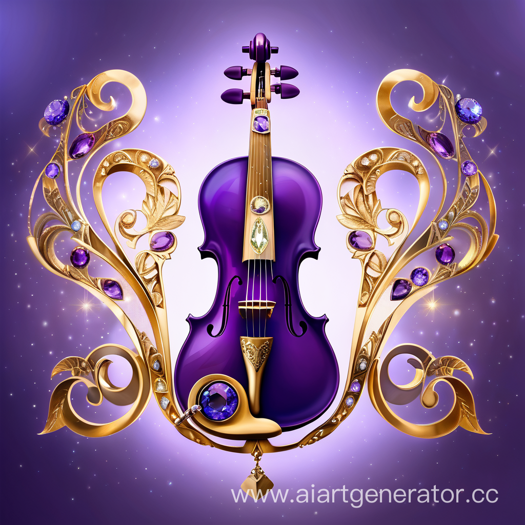 Фиолетовая скрипка с золотой гравировкой украшенная драгоценными камнями с магической аурой