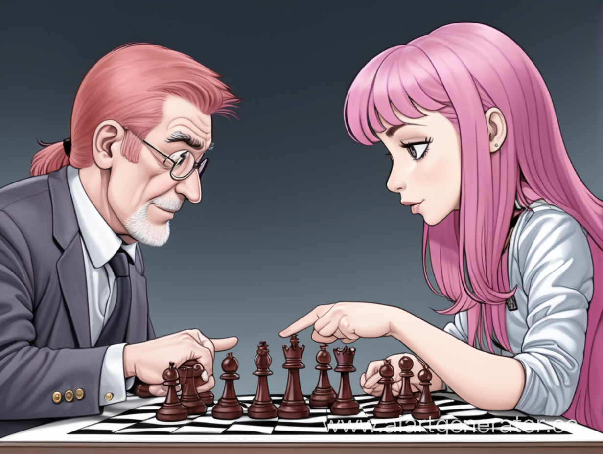 милашка Давина с розовыми волосами играет в шахматы с опытным гросмейстером с каштановыми волосами. комикс