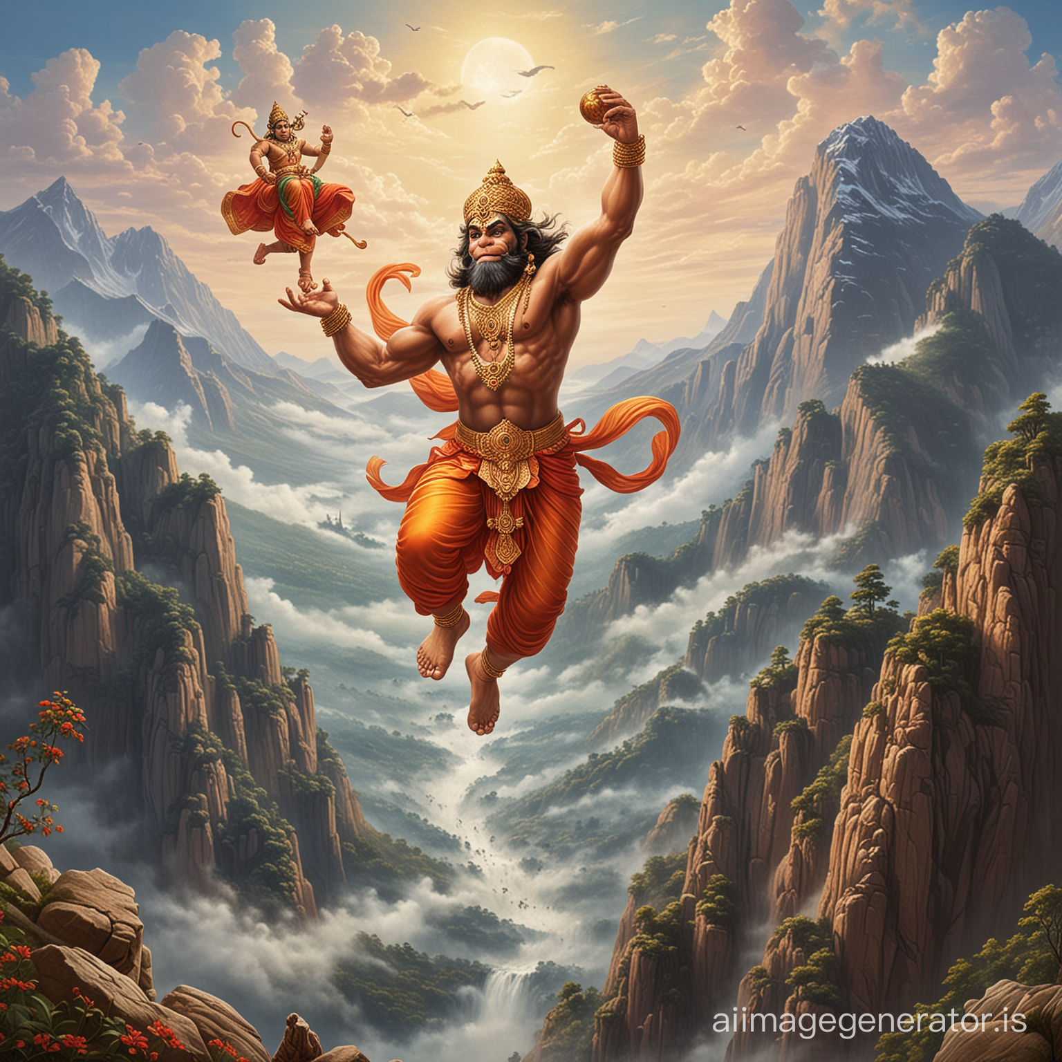 Hanuman flying with sanjeevani mountain in one hand