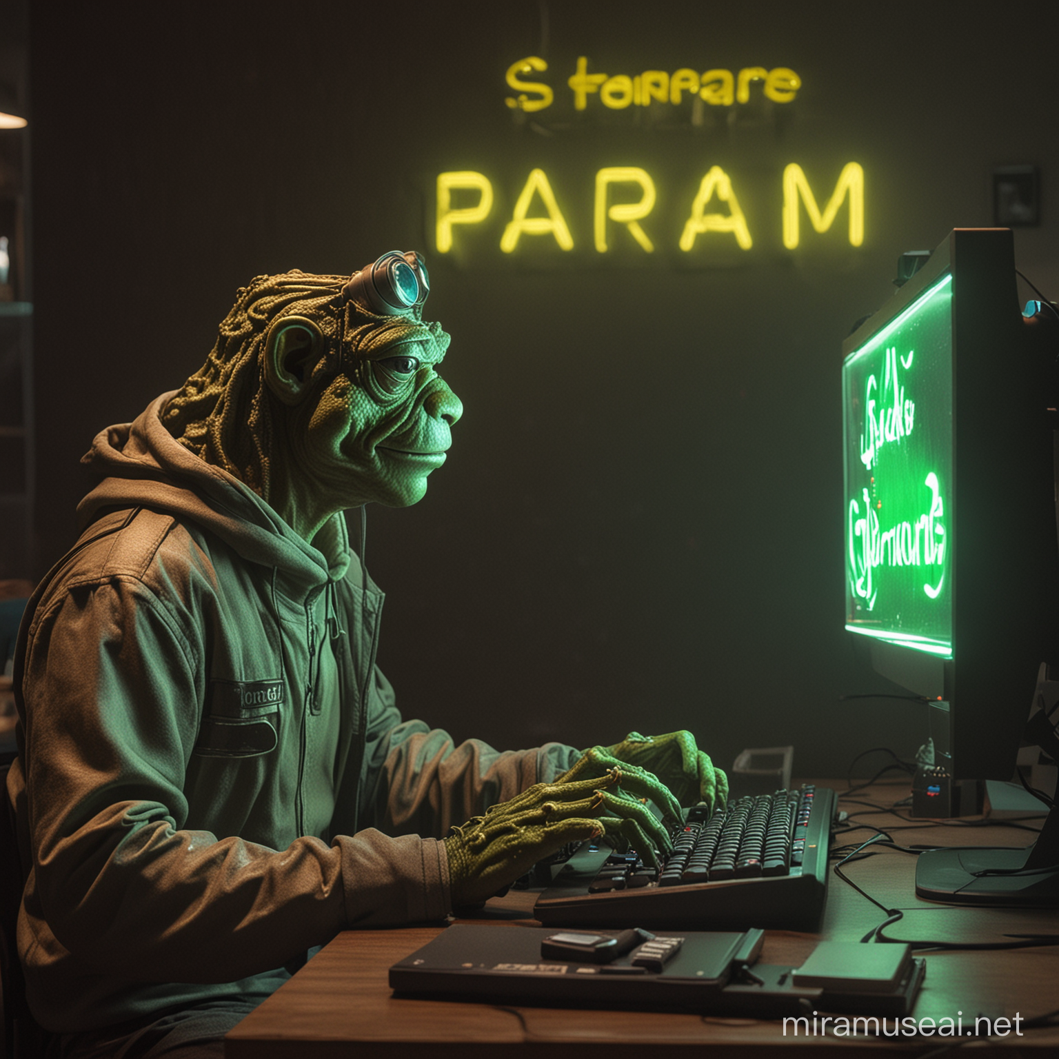 A frog man at a desk typing on a keyboard with the computer screen lighting up his face. There is a neon sign in the background with the word '$PARAM