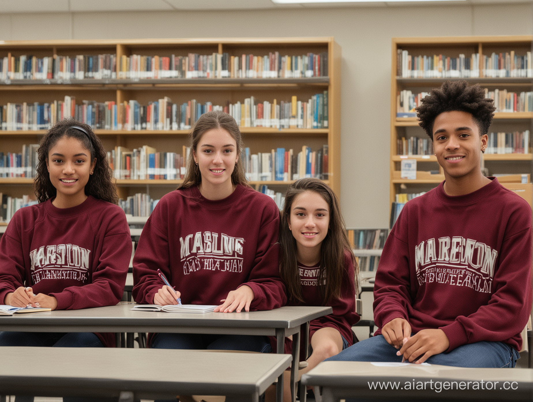 5 студентов в бордовых свитерах сидят в библиотеке
