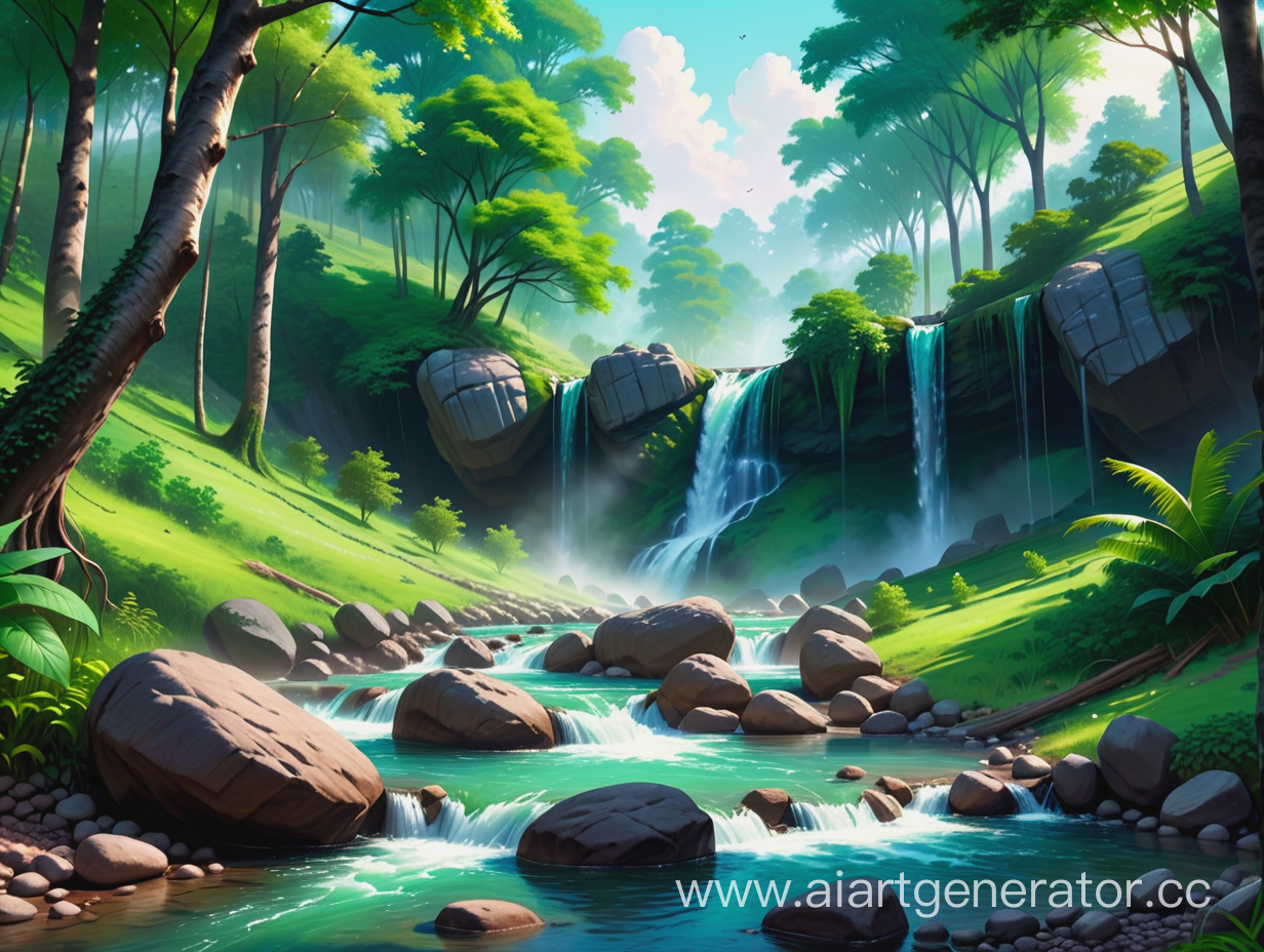 painting of a water falls stream running through a lush green forest filled with rocks, beautiful digital painting, 4 k digital painting, 4k digital painting, high quality digital painting, detailed painting 4 k, gorgeous digital painting, beautiful flowing feeling, detailed digital painting, highly detailed digital painting, 8 k resolution digital painting, 8k resolution digital painting, detailed 4 k painting, stunning digital painting