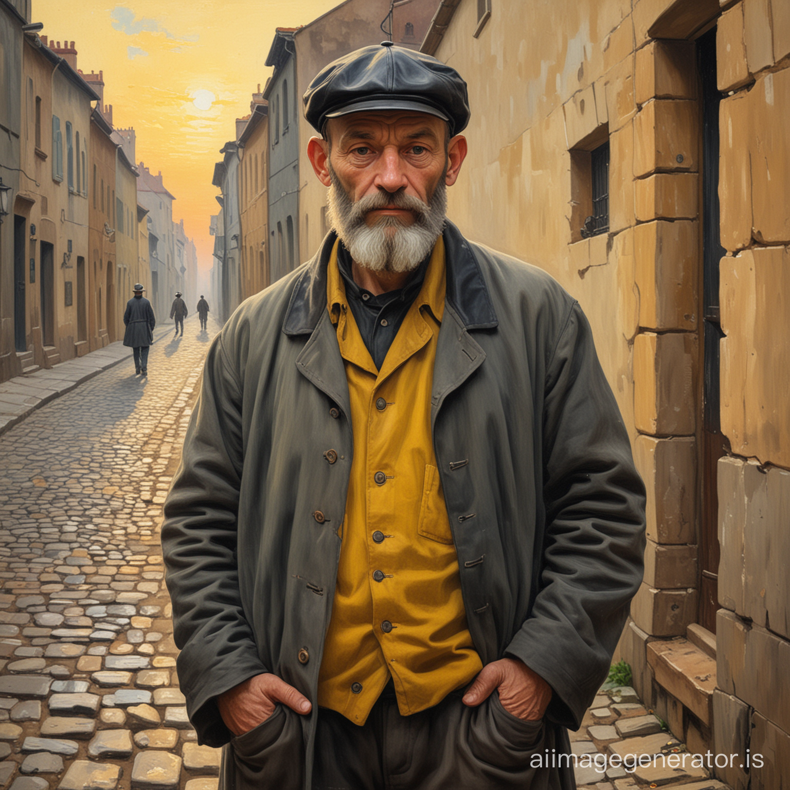 Peinture d'un homme de 50 ans chauve mais barbu au 19e siècle dans le style des tableaux de Cézanne. L'homme se tient debout dans une rue pavée au coucher du soleil. Il est de taille moyenne, trapu. Il porte une casquette en cuir noire, une chemise jaune en toile épaisse, ouverte au col et une surchemise grise par-dessus, très usée. Il a un bâton de pélerin à la main.