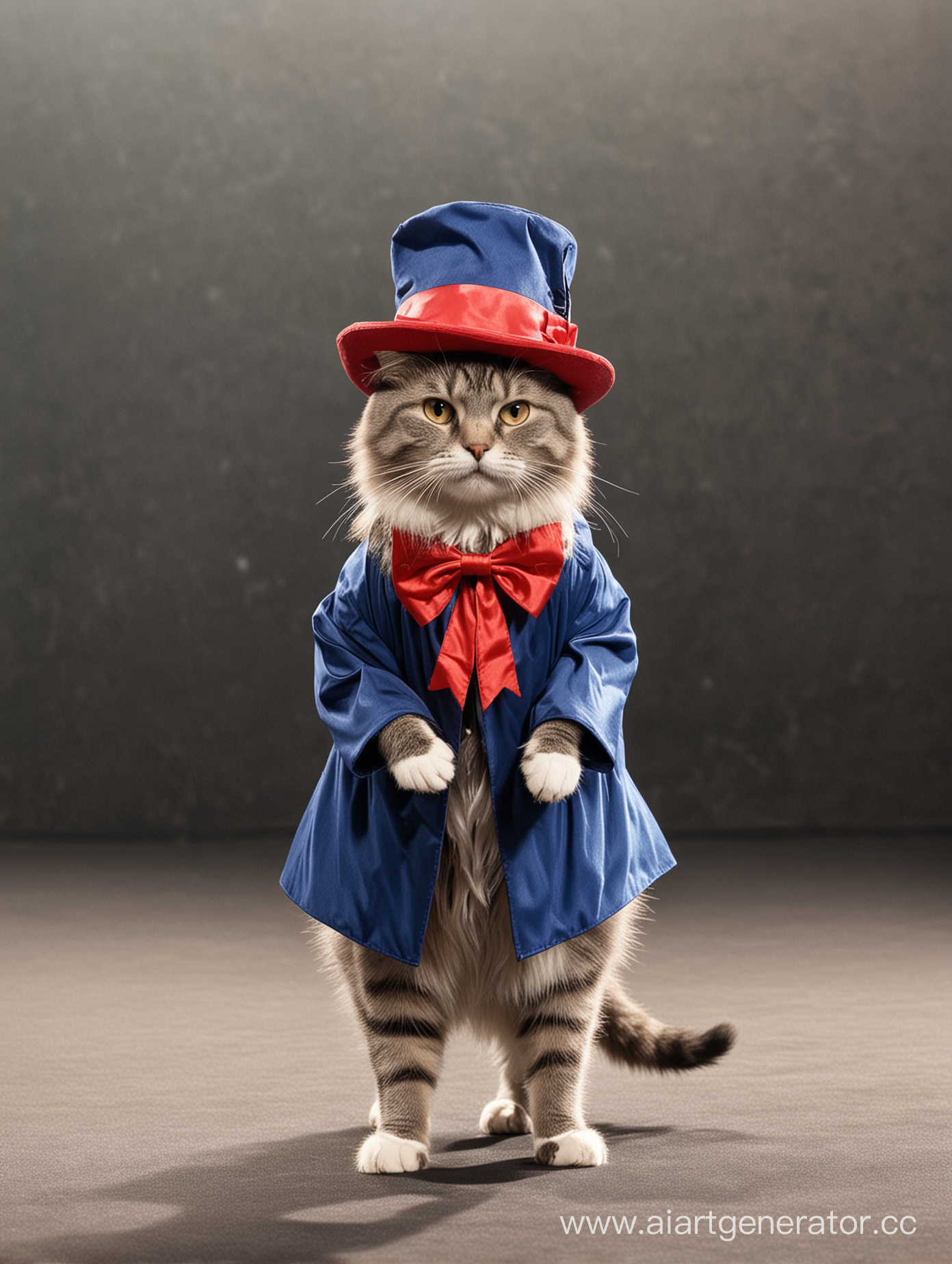 Кот в костюме и шляпе делает поклон со сцены
