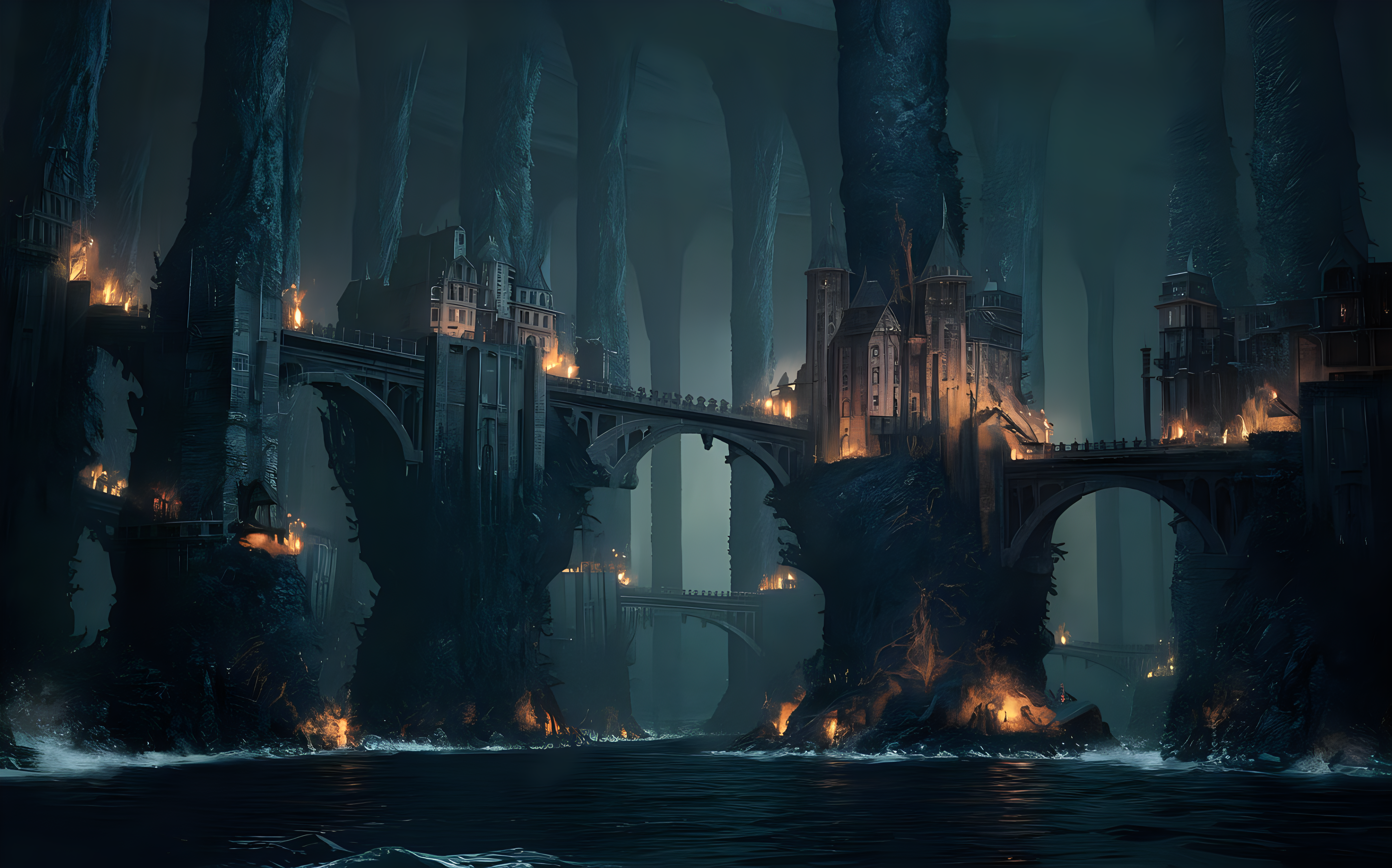A city built along the sides of natural pillars leading from the top of the ceiling down to the water. It is inside a giant dark cave and surrounded by black water.