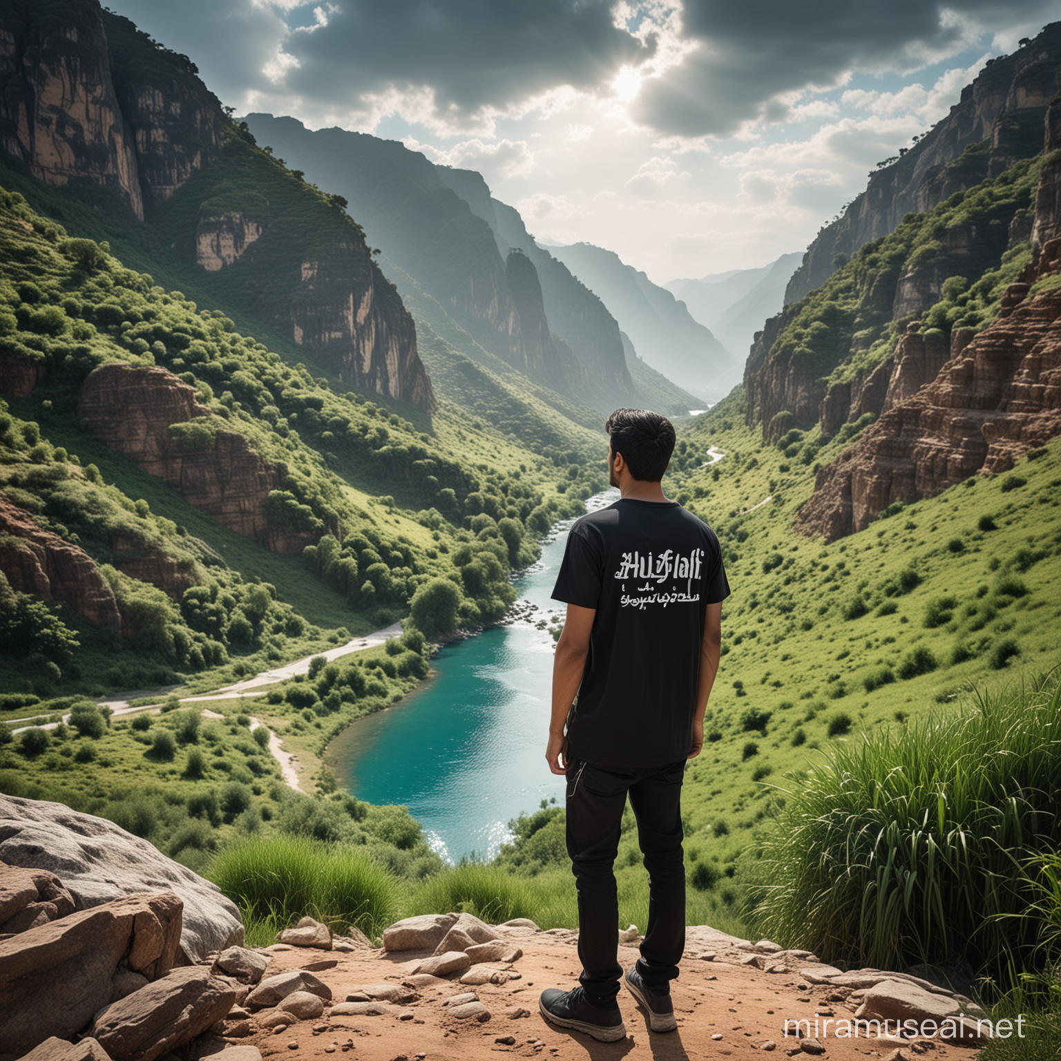 Generate an image depicting a confident man aged 23 standing at the edge of a mountain, facing a picturesque landscape. He is clean shaved, his hand on his pocket and is wearing a black t-shirt with the name 'HUZAIFA' written in white font on the back. The man, Huzaifa, is deeply contemplating his bright future while gazing at the beautiful scenery ahead, which includes a blue water river, green grass, and trees. The perspective of the image should be from behind Huzaifa, capturing the entirety of the stunning landscape in front of him.