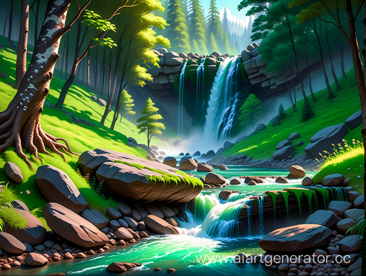 painting of a water falls stream running through a lush green forest filled with rocks, beautiful digital painting, 4 k digital painting, 4k digital painting, high quality digital painting, detailed painting 4 k, gorgeous digital painting, beautiful flowing feeling, detailed digital painting, highly detailed digital painting, 8 k resolution digital painting, 8k resolution digital painting, detailed 4 k painting, stunning digital painting