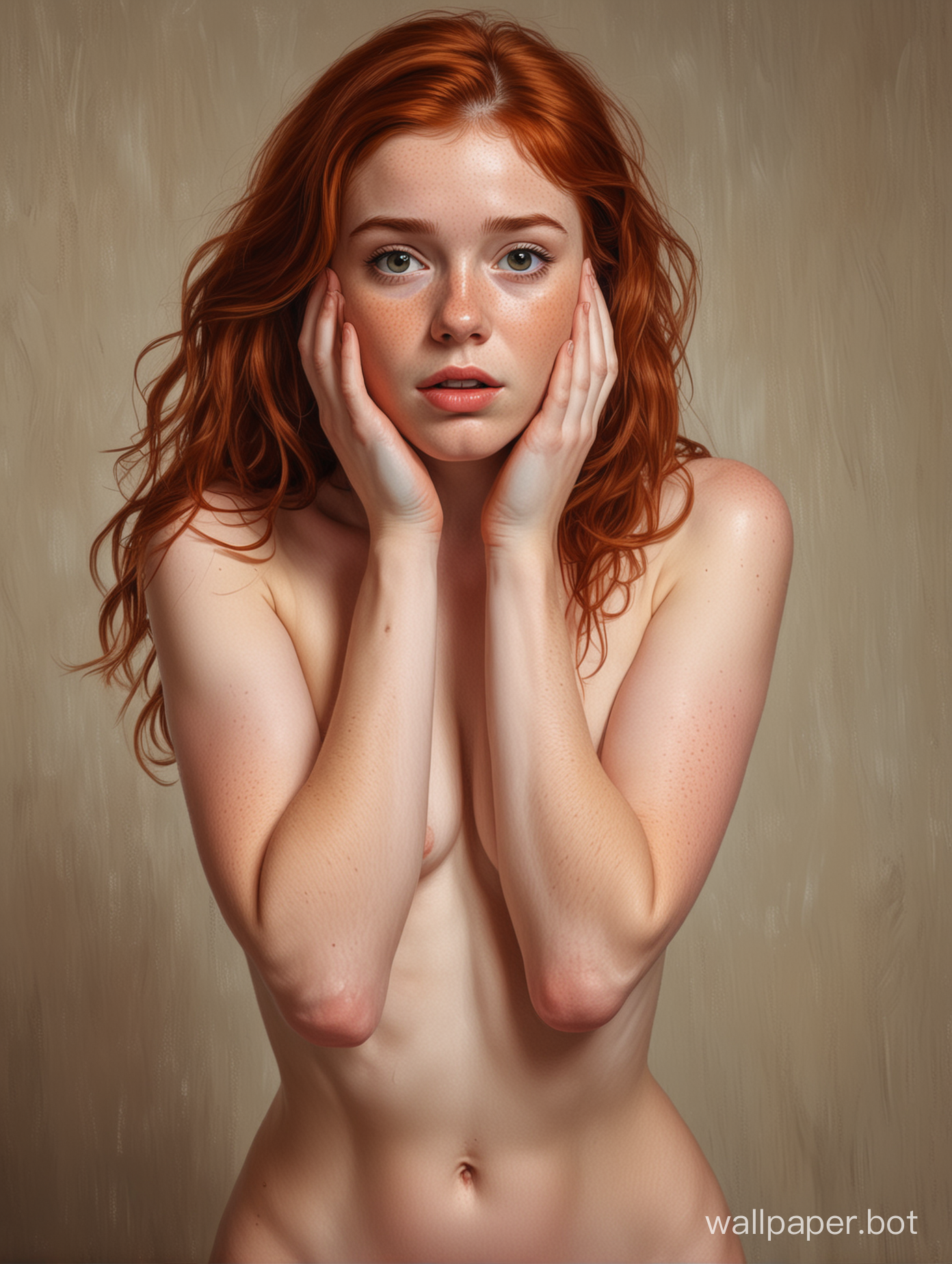 full body perspective, portrait of an adorable slim 18 year old redhead girl embarrassed, naked, covering her groin with her hands, wavy hair, small frame, cute face, sharp jaw, pale, freckles, shy and ashamed, guilty, Vazquez painting style