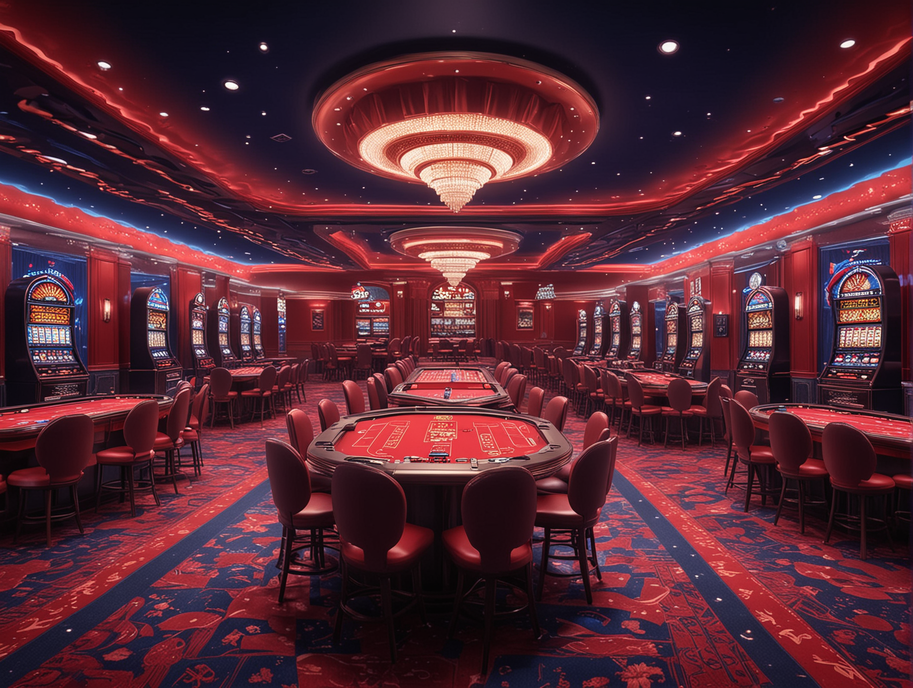 赌场室内设计前面要有赌博用的桌子，暗蓝色亮红色氛围感的背景，有特效，亮红色的色调，逼真，4k高清，亮红色