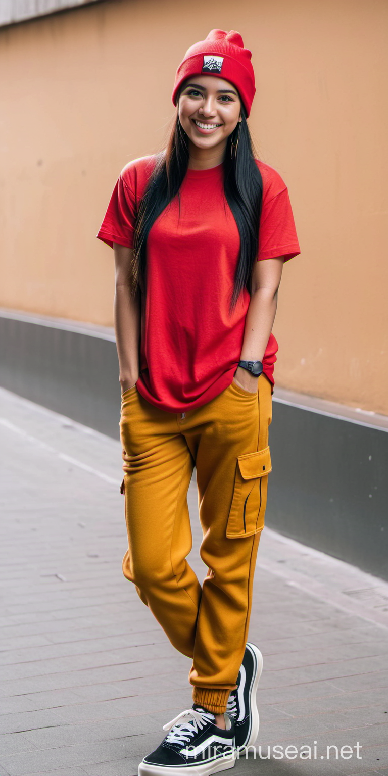  Mujer colombiana de 32 años, sonriente, cabello largo liso negro, beanie hio hop,con camiseta oversize rojo, pantalón drill mostaza ancho, zapatillas vans, patineta,en Bogotá.