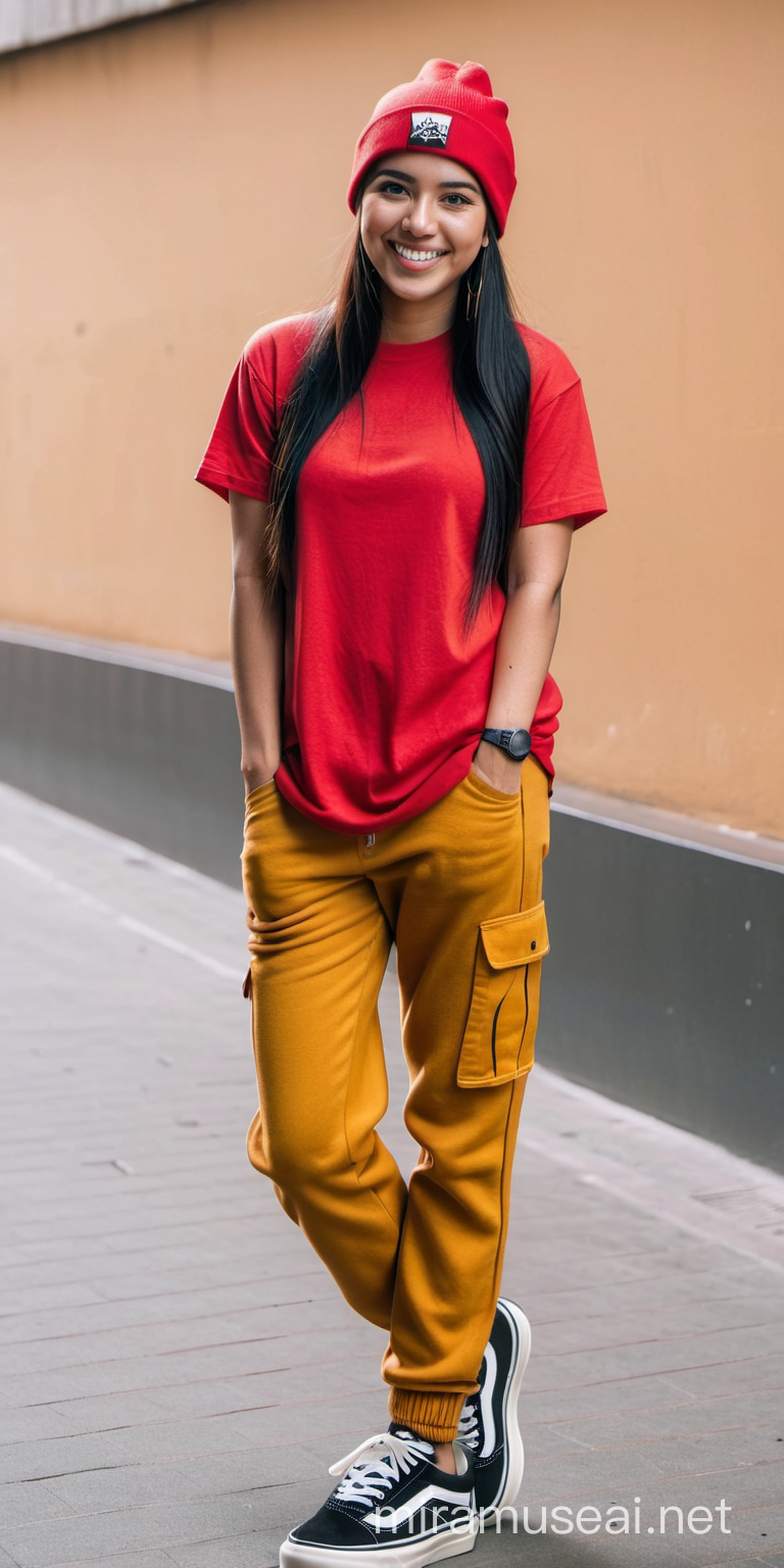 Smiling Colombian Woman Skateboarding in Hip Hop Style in Bogot