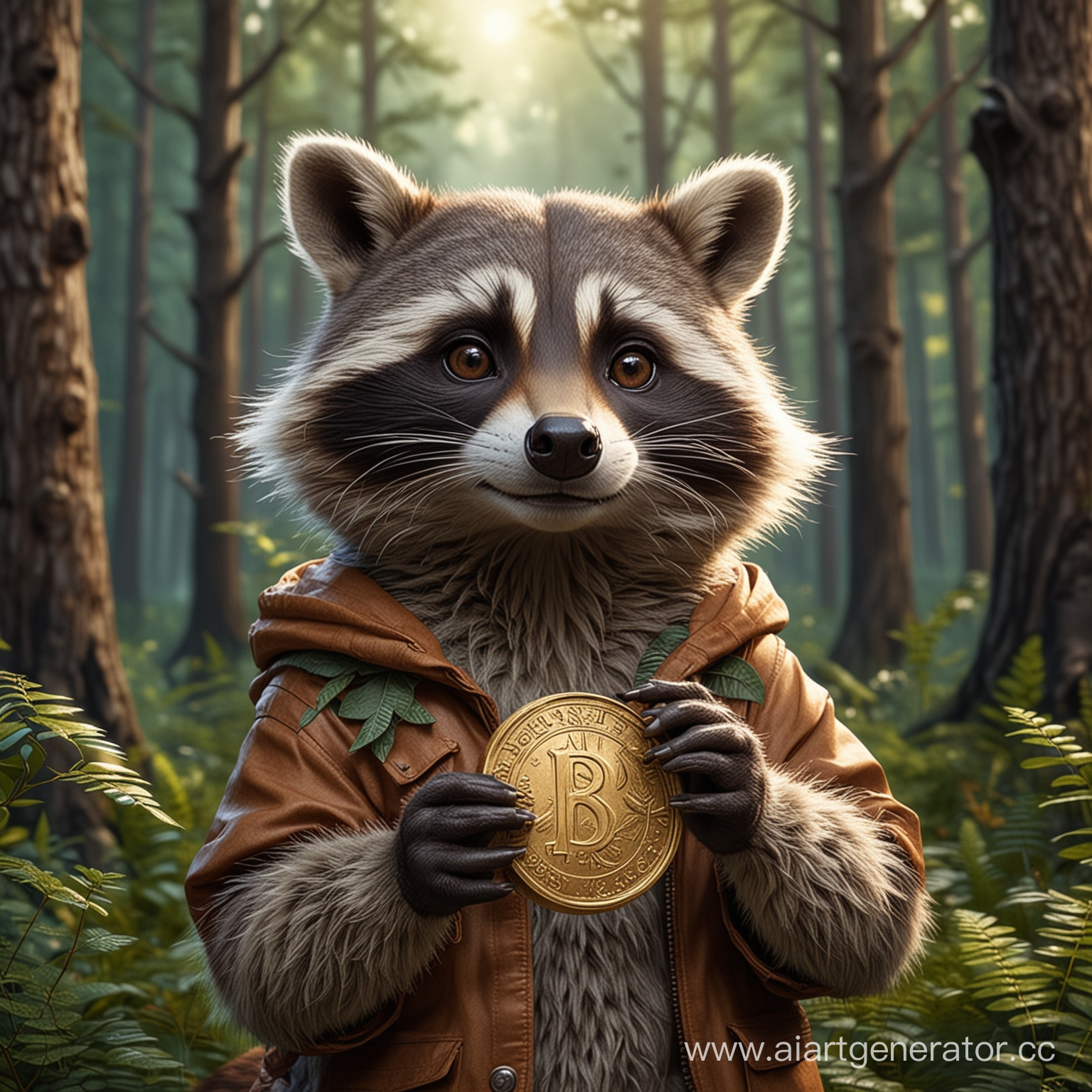 Красивый мультяшный персонаж енот из леса
держит в руках большую монету, реалистично, фентези