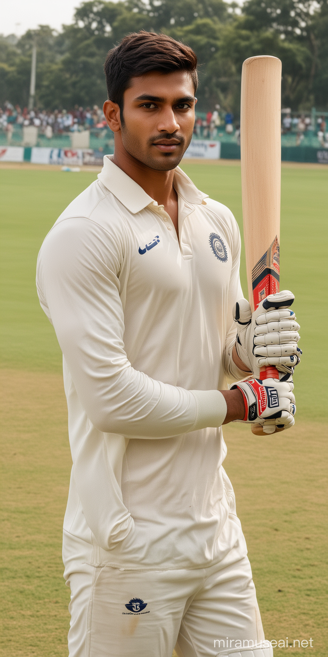 Indian Heavenly handsome young jock sportsman, hot, handsome, sexy, stunning features, muscular, playing cricket,wearing tight tight cricket uniform, pads, gloves,holding a bat, background of cricket field.