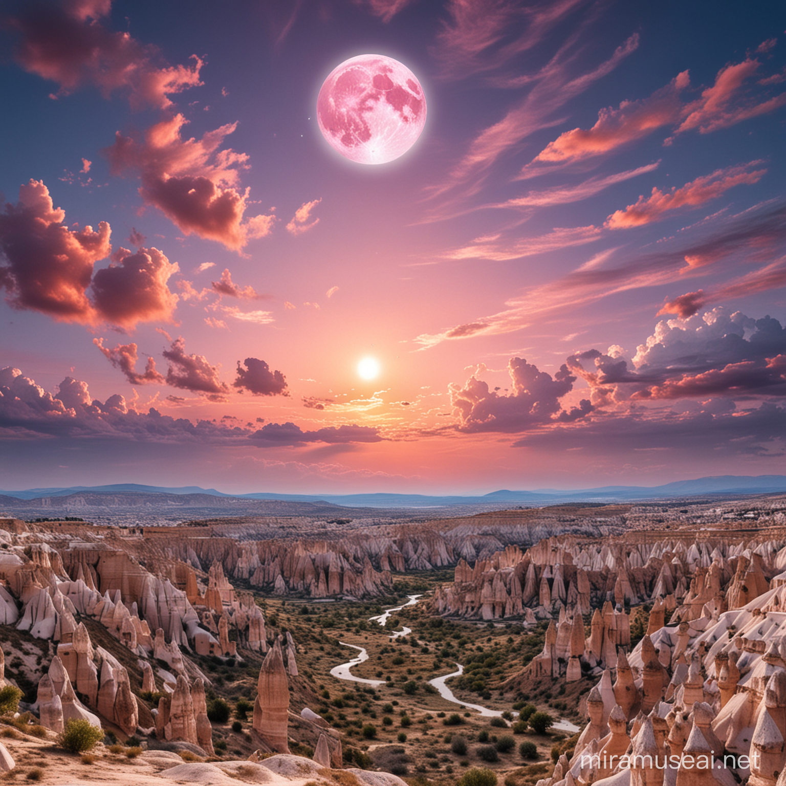 draw a pink-blue sky with clouds at sunset and a large moon in the middle. in the distance there are balls like in Cappadocia
The moon should be in the center. Add more clouds and moon in the centre of the image