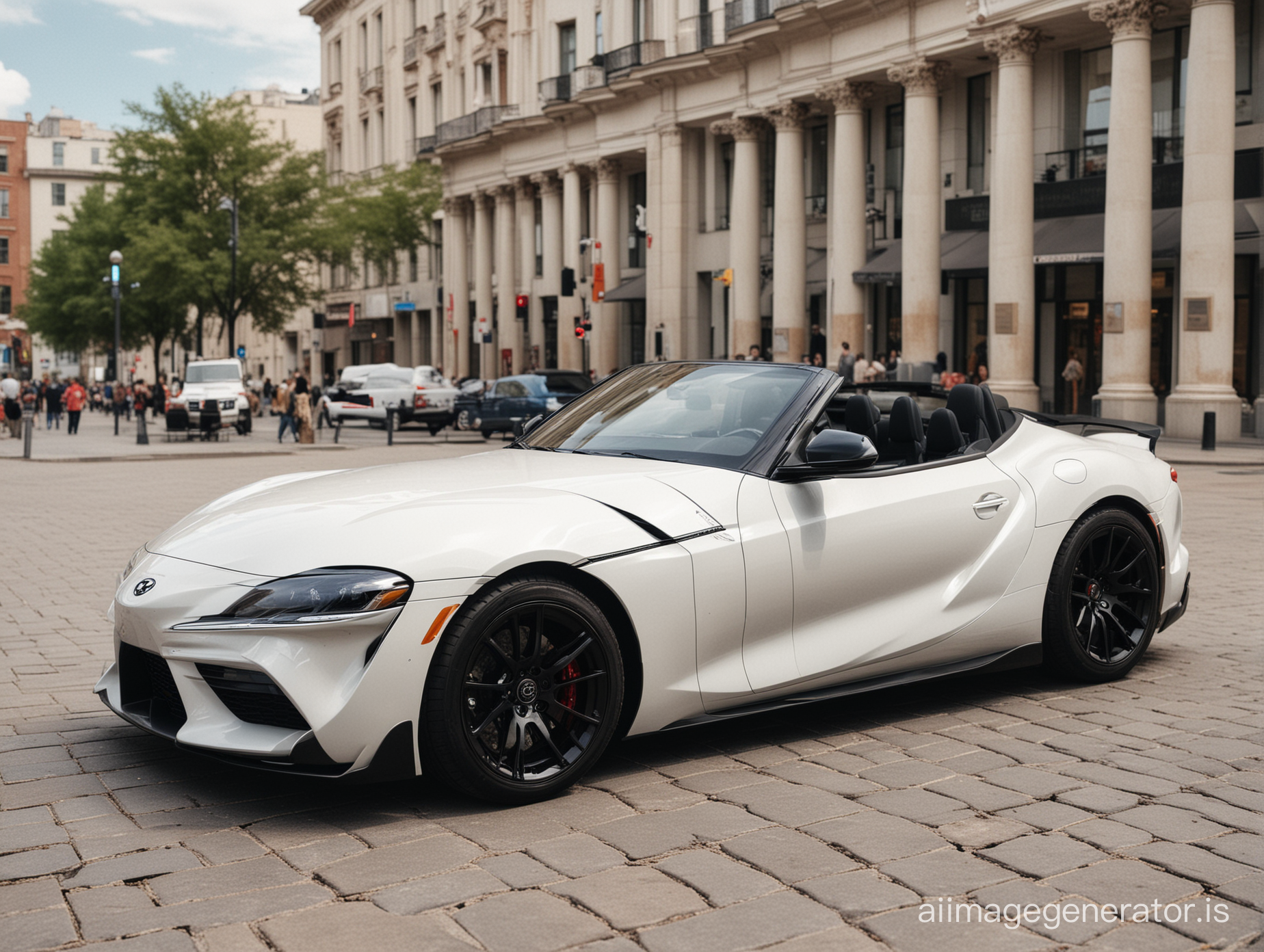 Car in the city: 2023 Toyota Supra convertible. Photograph in a modern city square. 