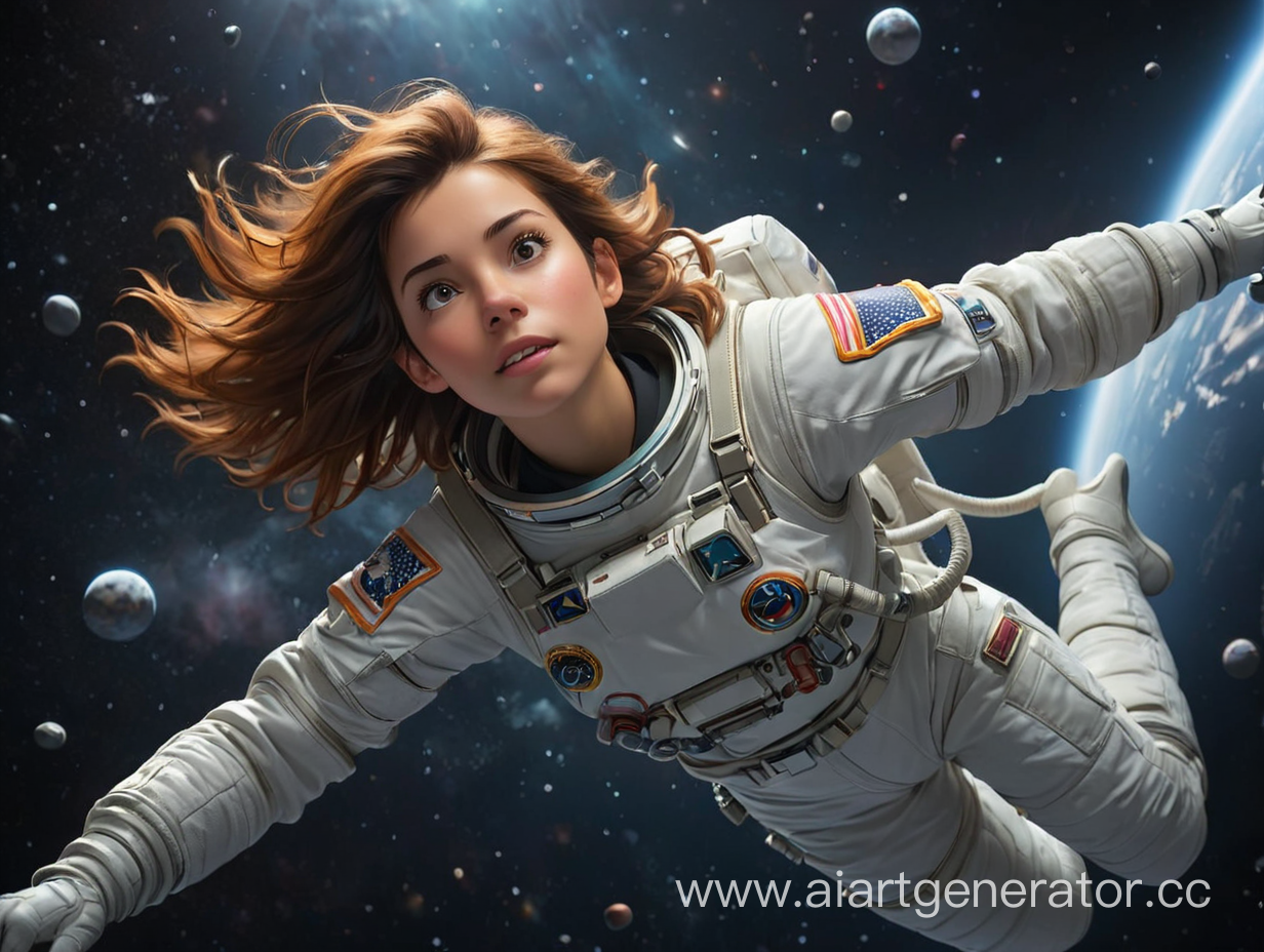 Female astronaut floating in deep space