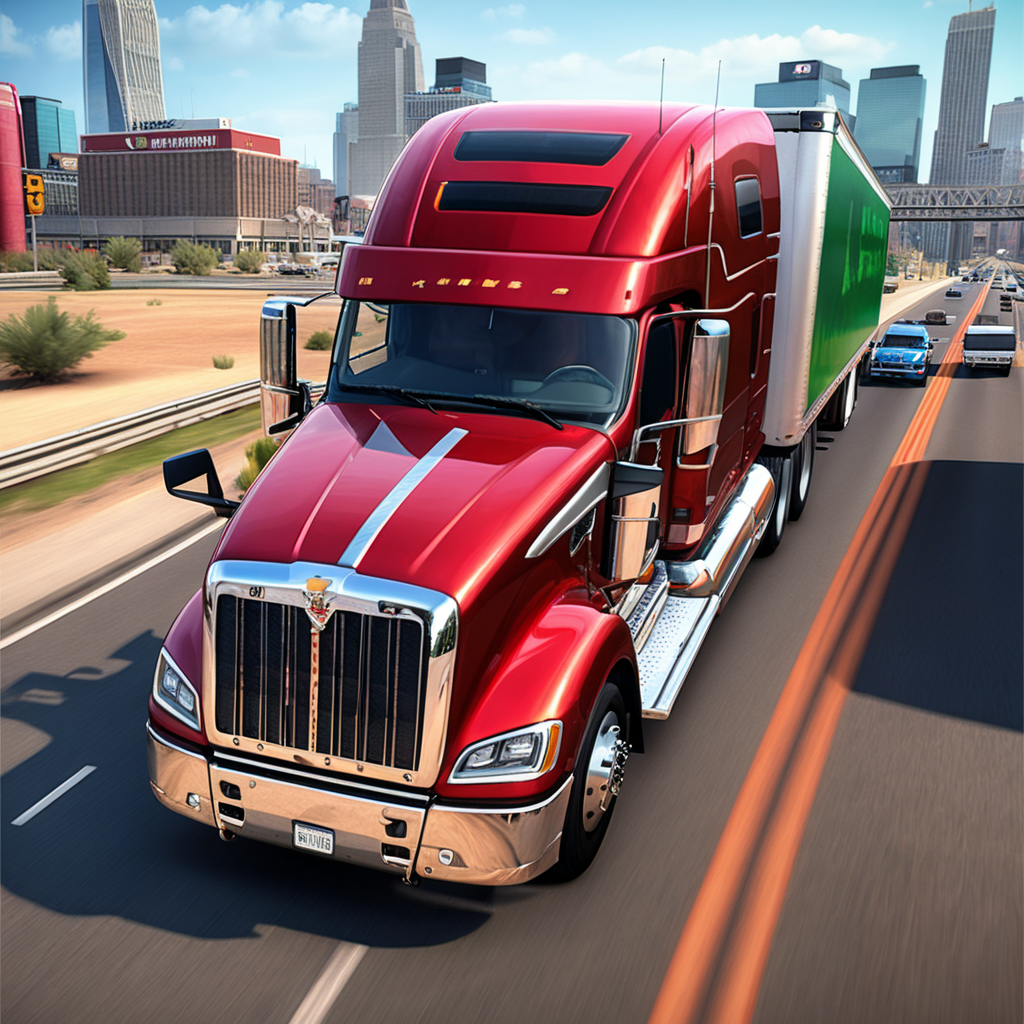 red american truck driving on city road. From the makers of Bus Simulator 2023 comes the new and improved Truck Simulator USA Revolution. Want to know what driving an 18 Wheeler feels like? Truck Simulator USA offers a real trucking experience that will let you explore amazing locations. This American Truck Simulator features many American and European semi truck brands and all kinds of big rigs with realistic engine sounds and detailed interiors! Drive across America, transport cool trailers such as vehicles, gasoline, gravel, food, ship anchors, helicopters, and many more, red american truck driving on city road.