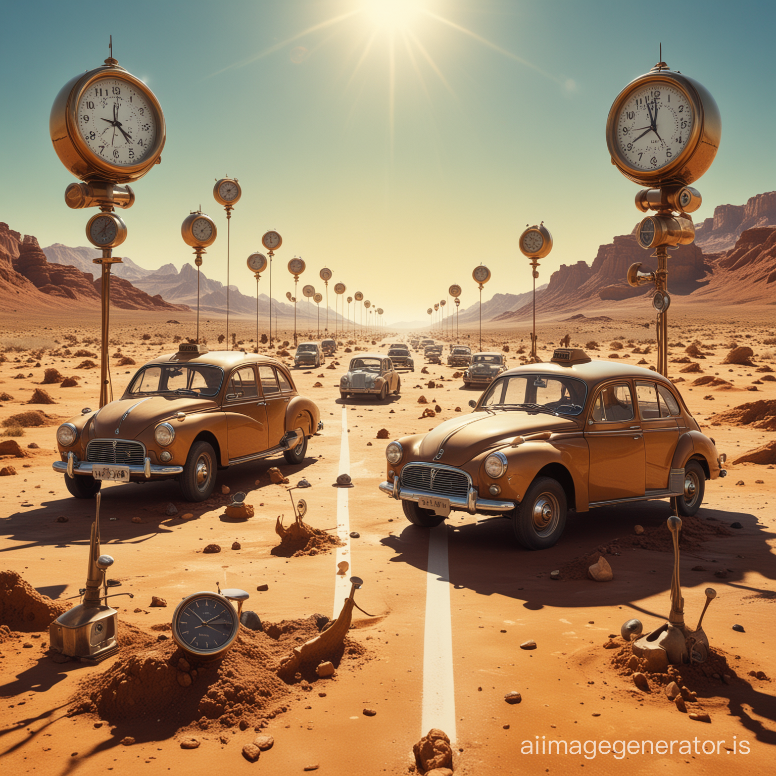 Dali-like surealist scene with car horns and clocks melting in the martian sunshine