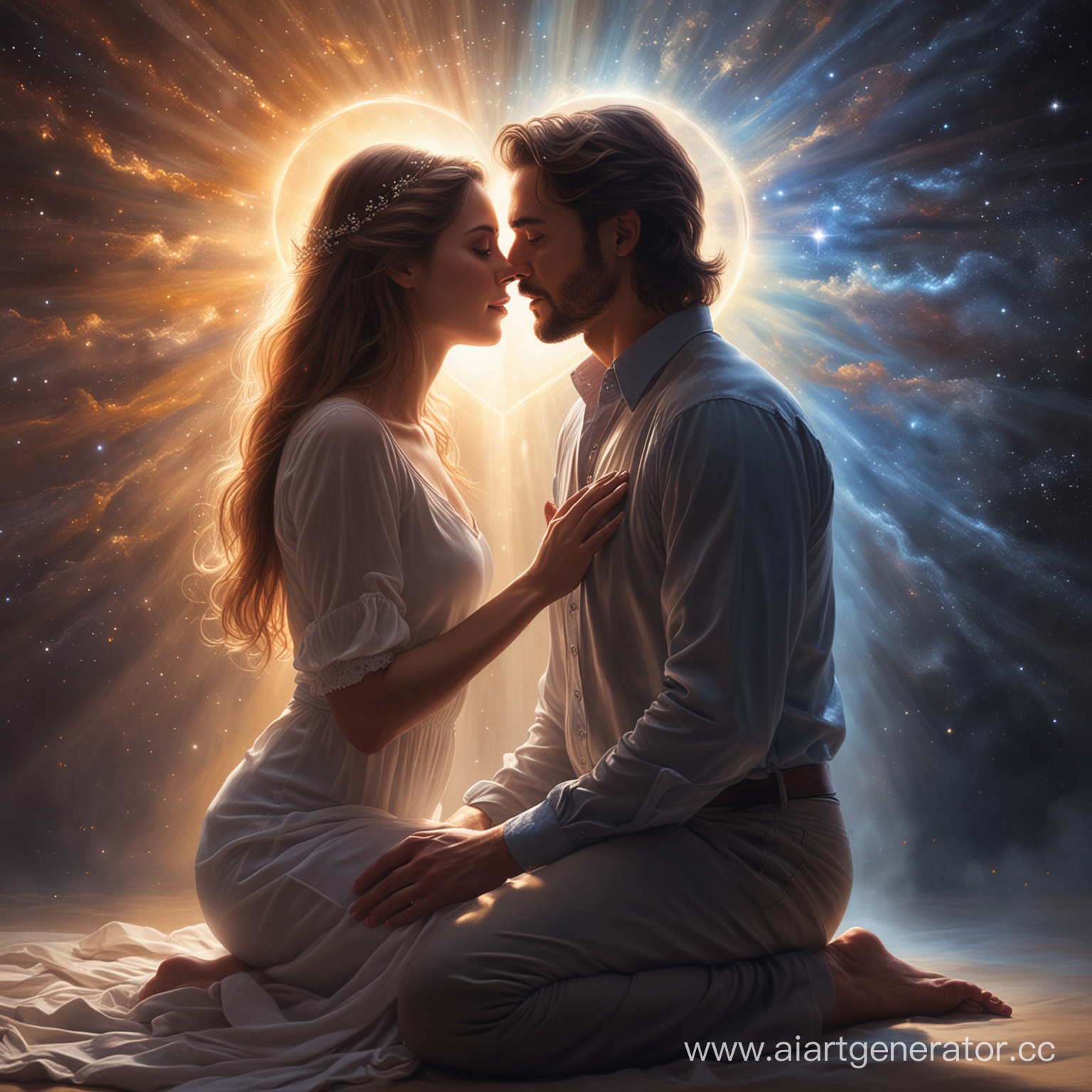 Create an image, a man and a woman in a love union, face to face, in a sitting position, they exude a mystical light, the energy of their love spreads to the entire universe