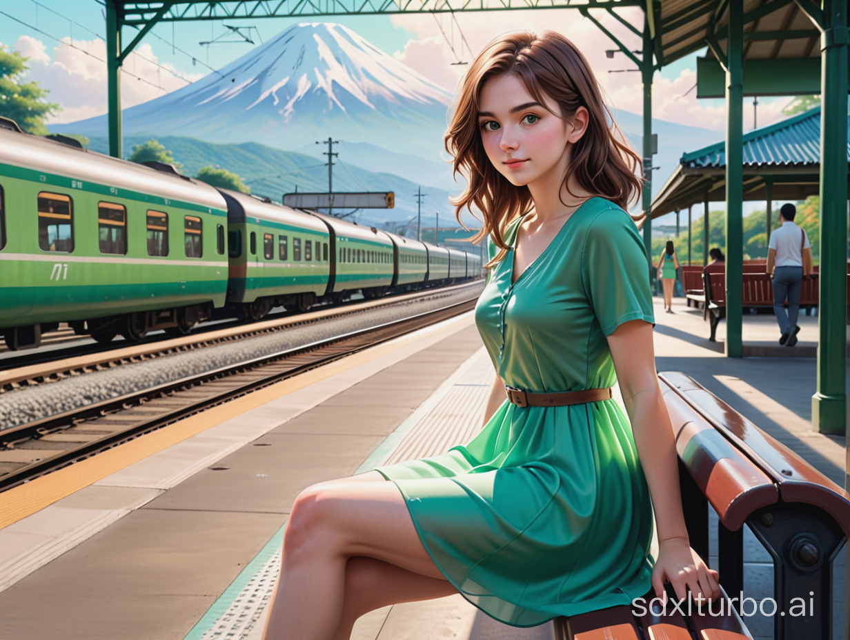 A hyper-realistic image of a young woman with messy brown hair, wearing a short green dress, sitting on a metal bench, gazing at the viewer. She looks amiable and shy, with a soft smile. The background features Art style of Alex Ross with muted colors, dominated by tosca color. A tranquil scenery at a village train station, with the majestic Mount Fuji in the background. A girl standing on the platform carrying a travel bag. A train slowly approaching the train station.