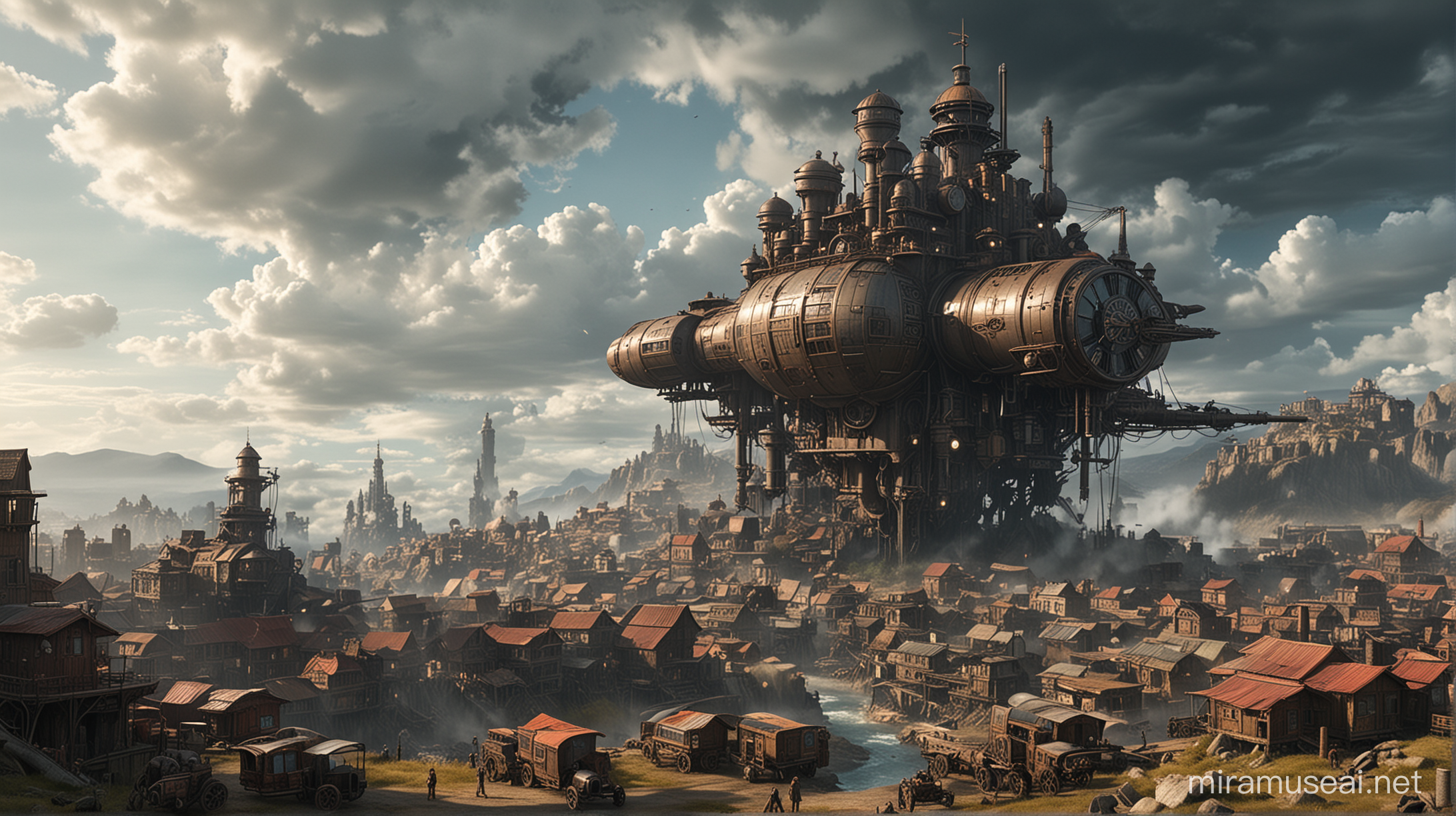 mobile steampunk city in style of Mortal Engines runs through wilderness, cloudy