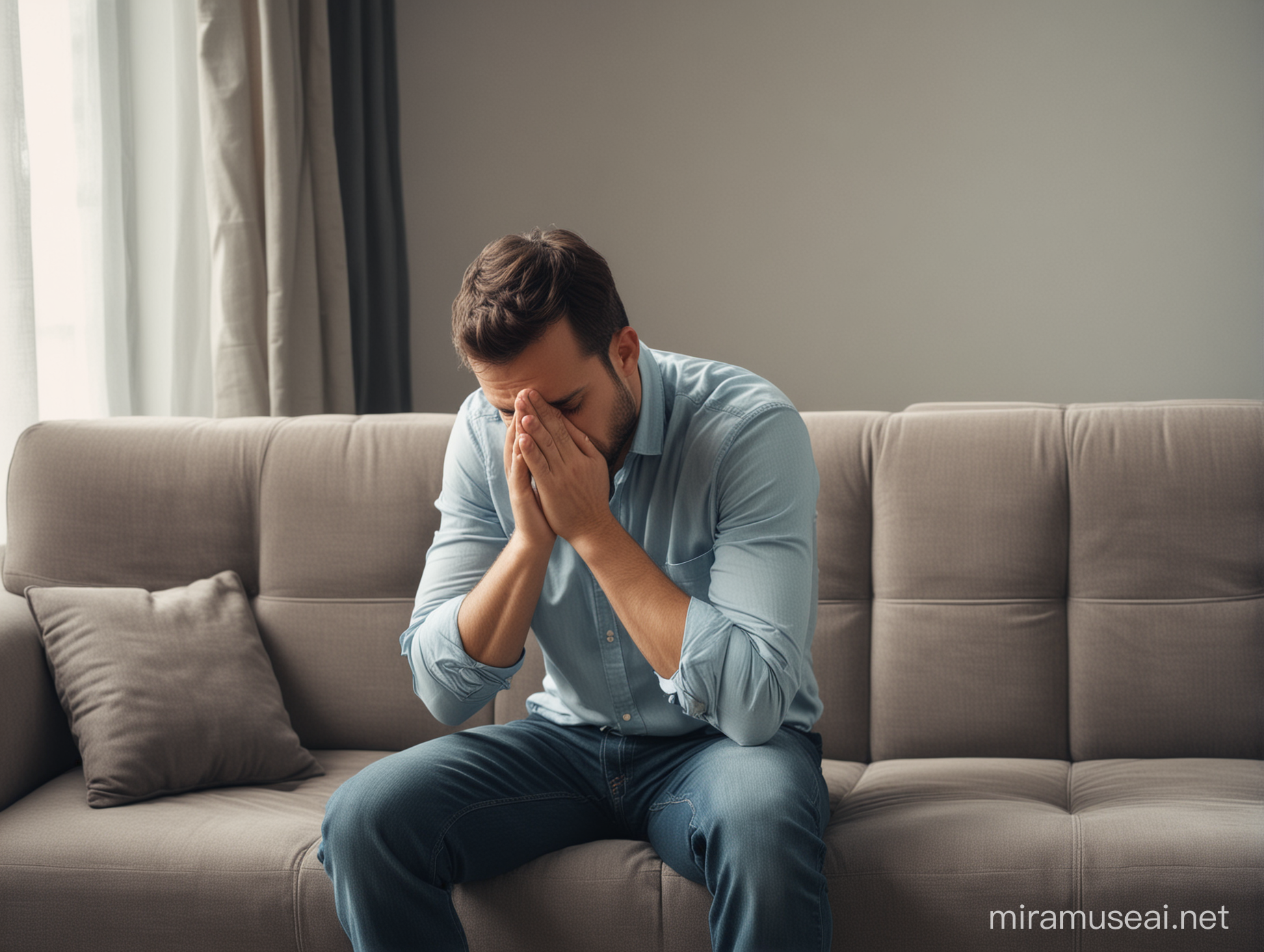Lonely Man Seeking Solace in Prayer on Sofa