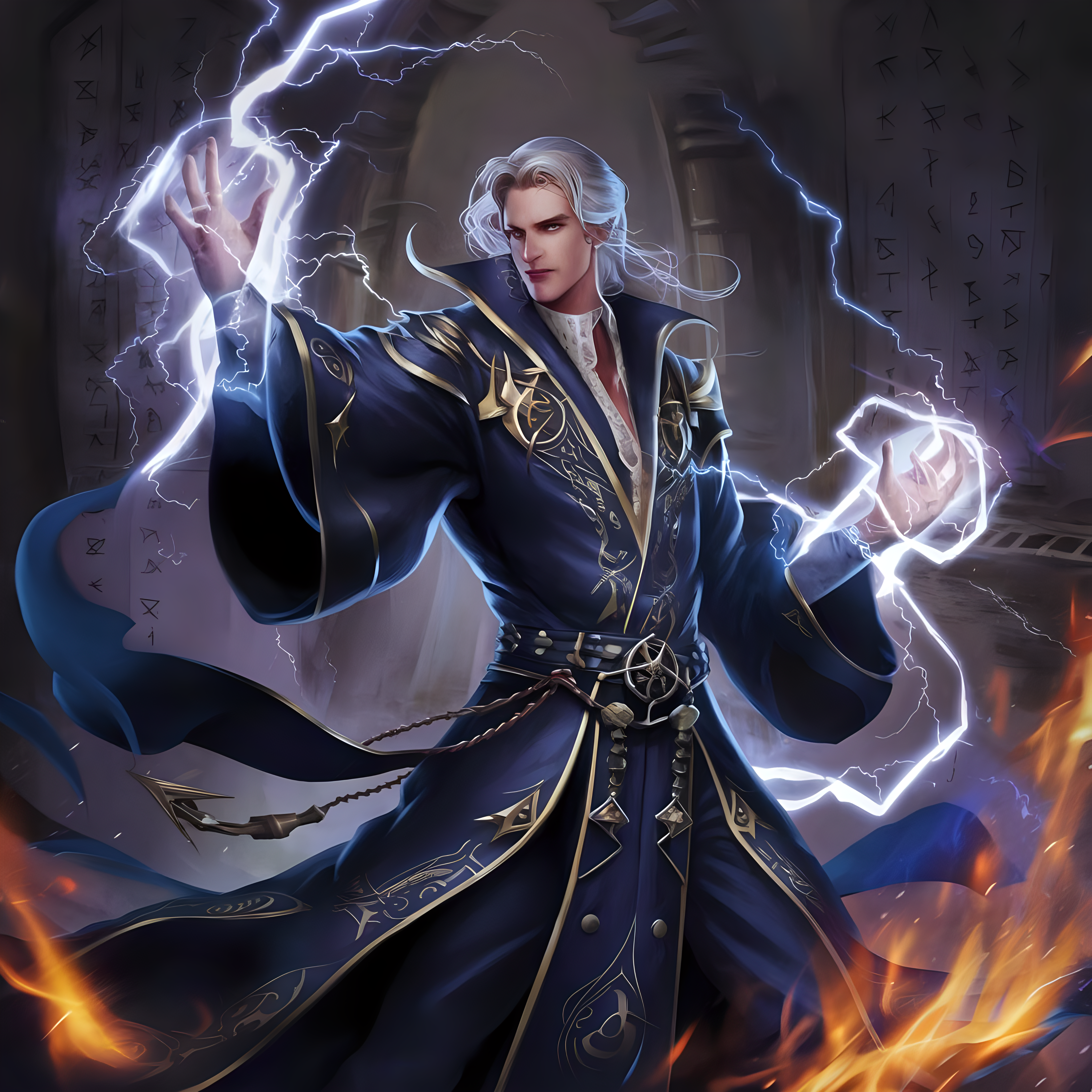 Sorcerer Man Manipulating Arcane Energies with Lightning and Flames