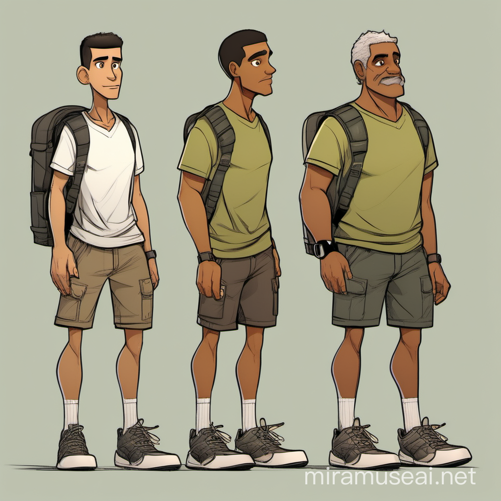 Character illustration, character standing, legs, hands,Character's Gender Male Character's Age 50 Character's Ethnicity Hispanic, Spanish, Portuguese Character's Skin Color Olive tan Character's Hair Color Black Character's Hair Style Black men’s short hair, Character's Eye Color Brown Character's Clothing Tshirt black, grey cargo shorts, right above knees, white mid shin socks with black tennis shoes