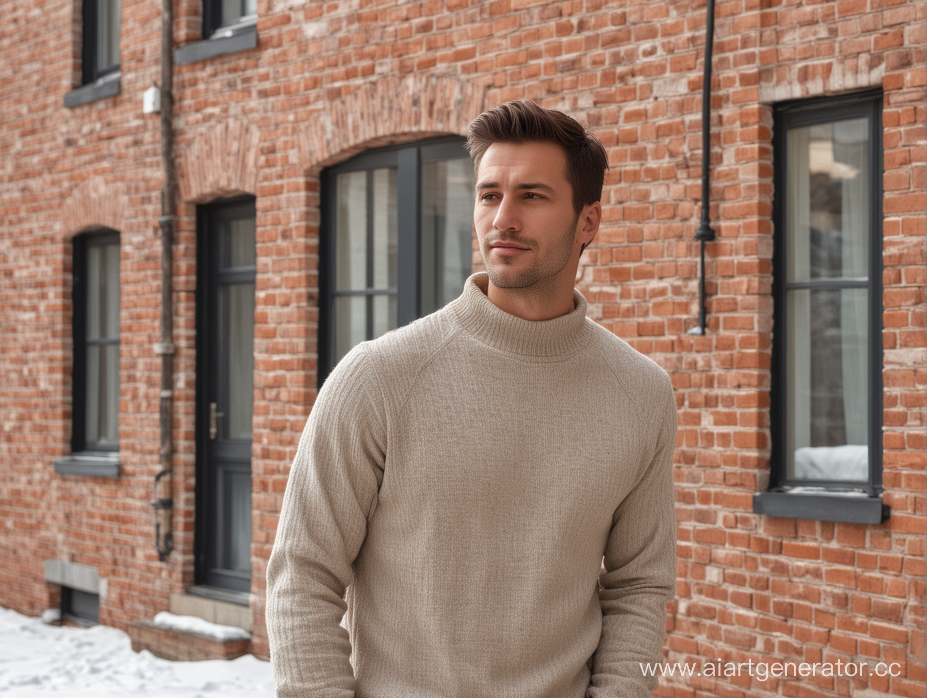 a man in casual styles against the background of the brick facade of a one-story house in winter